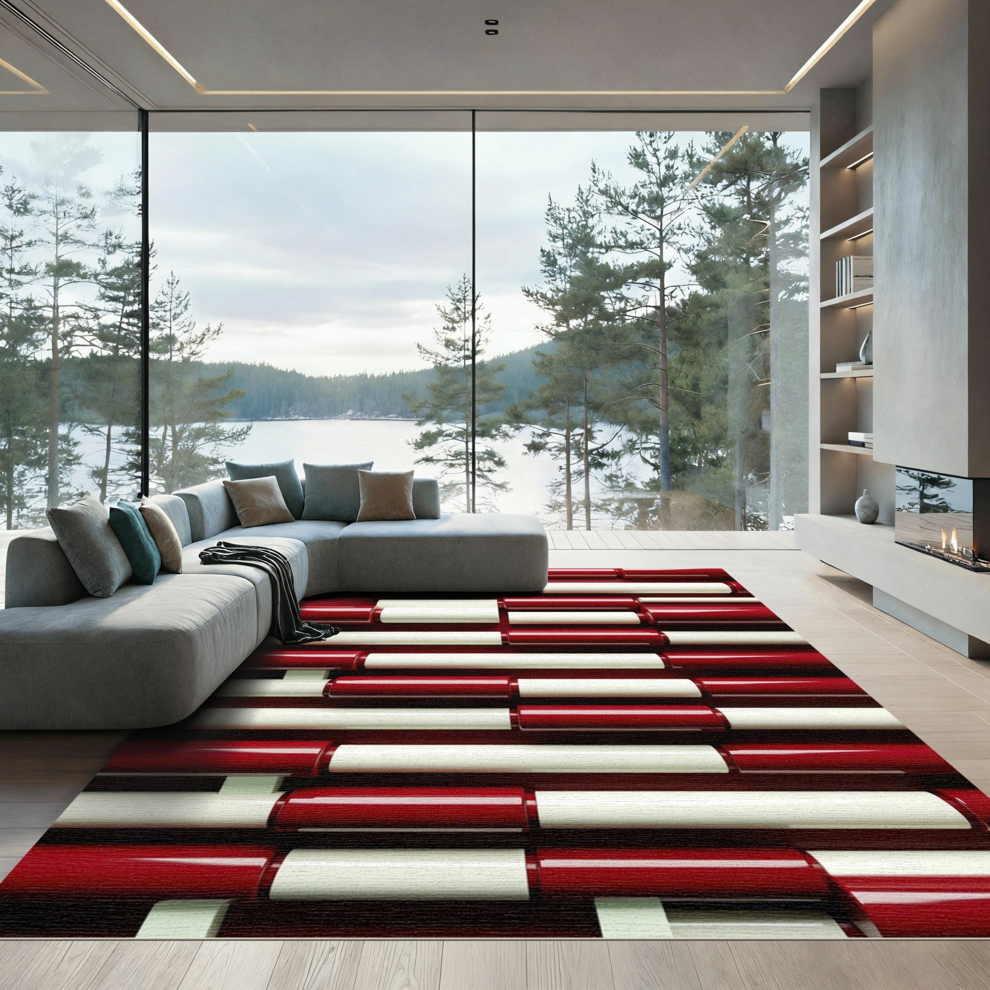 Red White Cylinder Geometric Rug