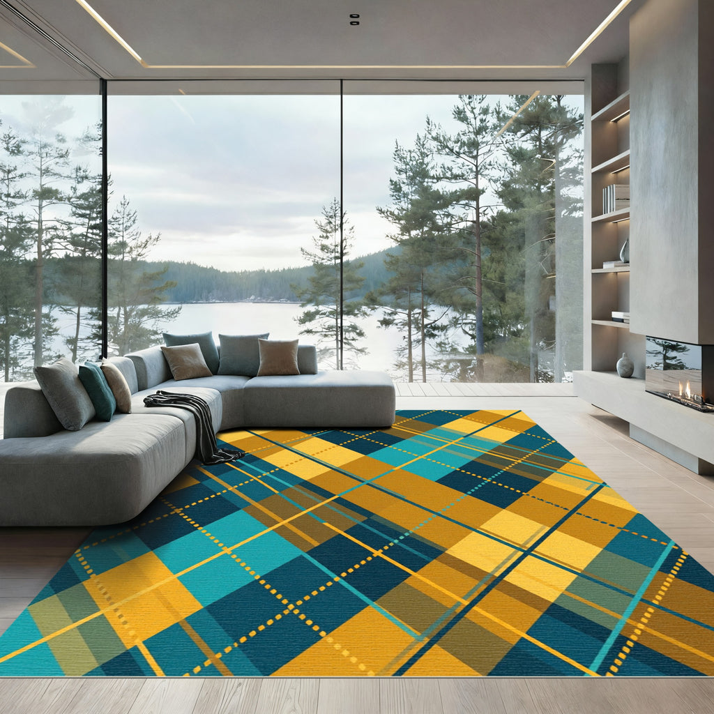 Golden Yellow and Teal Diagonal Plaid Rug