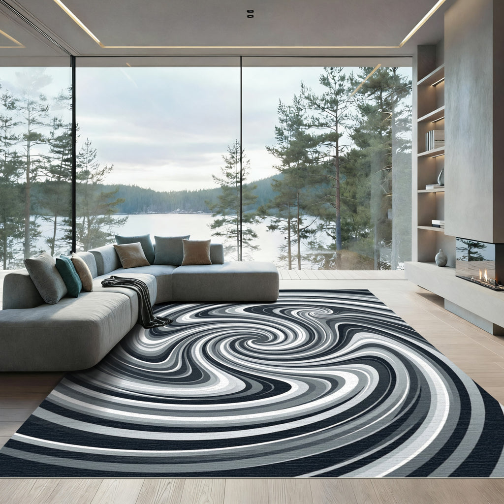 Monochrome Abstract Spiral Swirl Art Rug