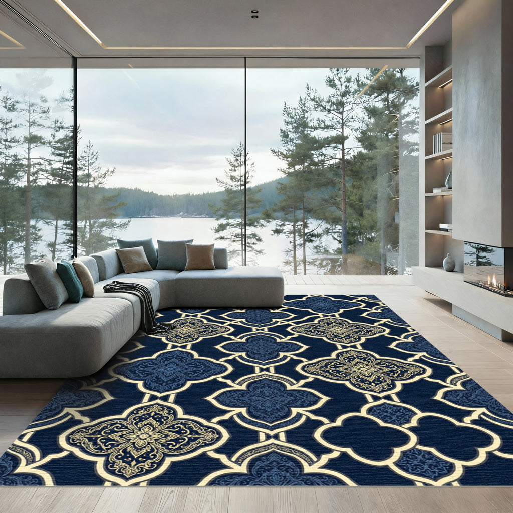 Elegant Navy and Gold Damask Lattice Rug