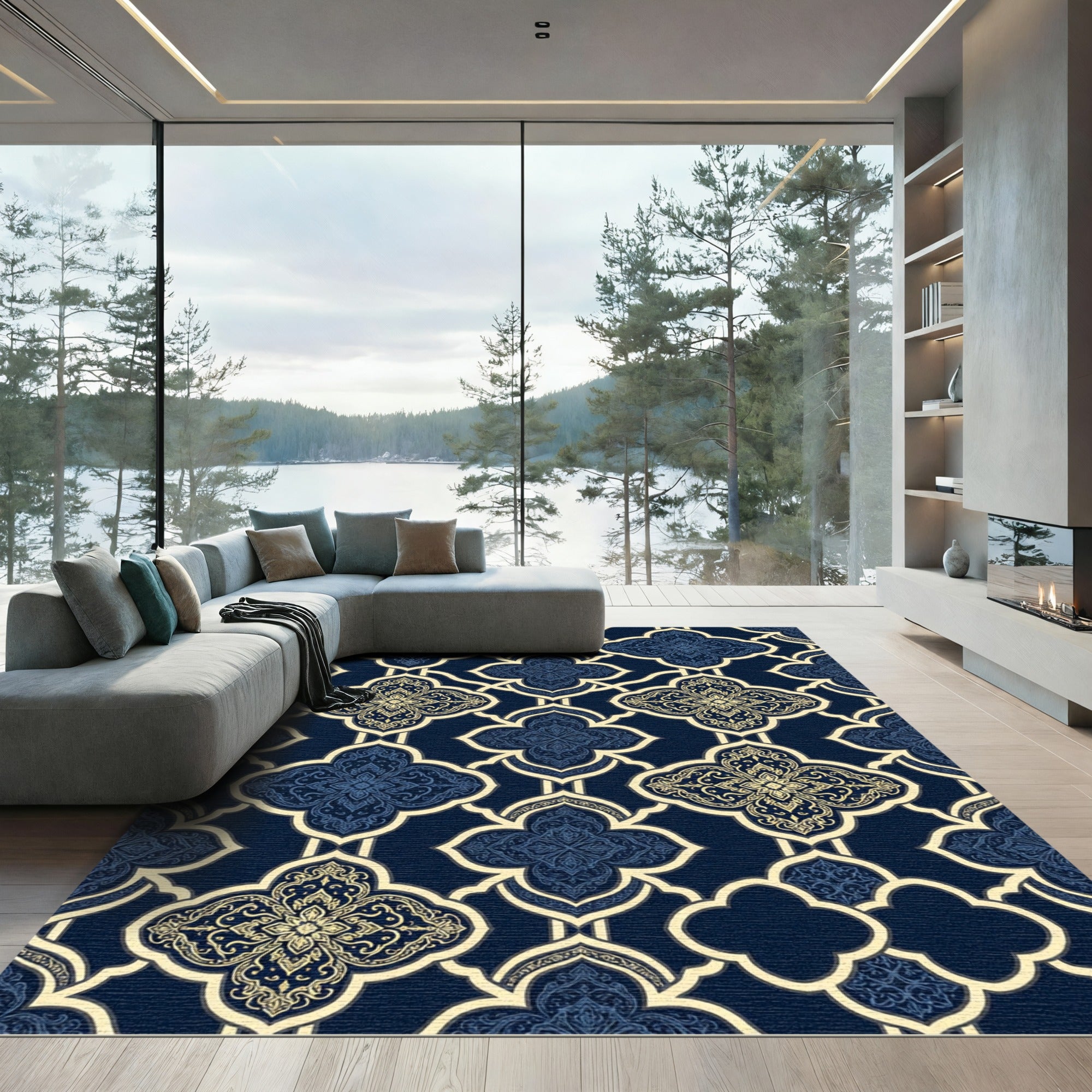 Elegant Navy and Gold Damask Lattice Rug