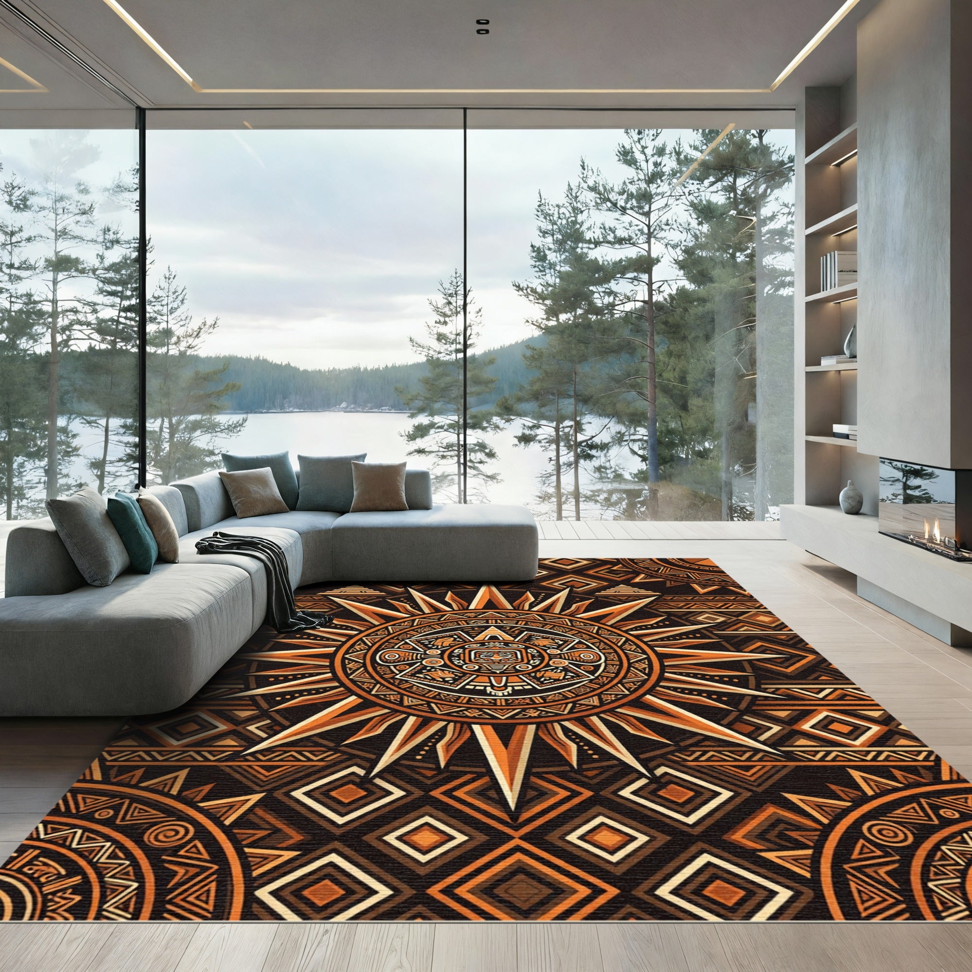 Aztec Golden Sun Geometric Medallion Rug