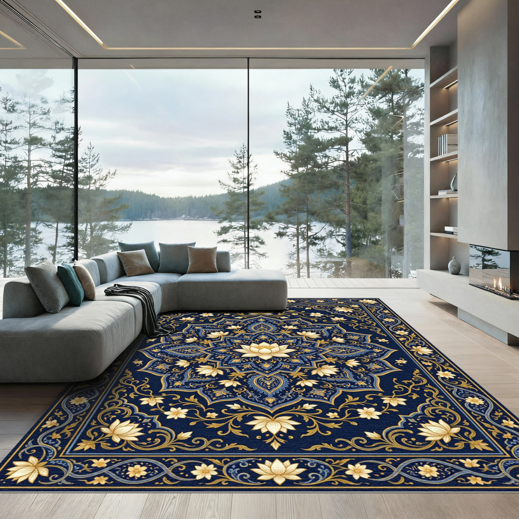 Golden Lotus Floral Medallion Navy Rug