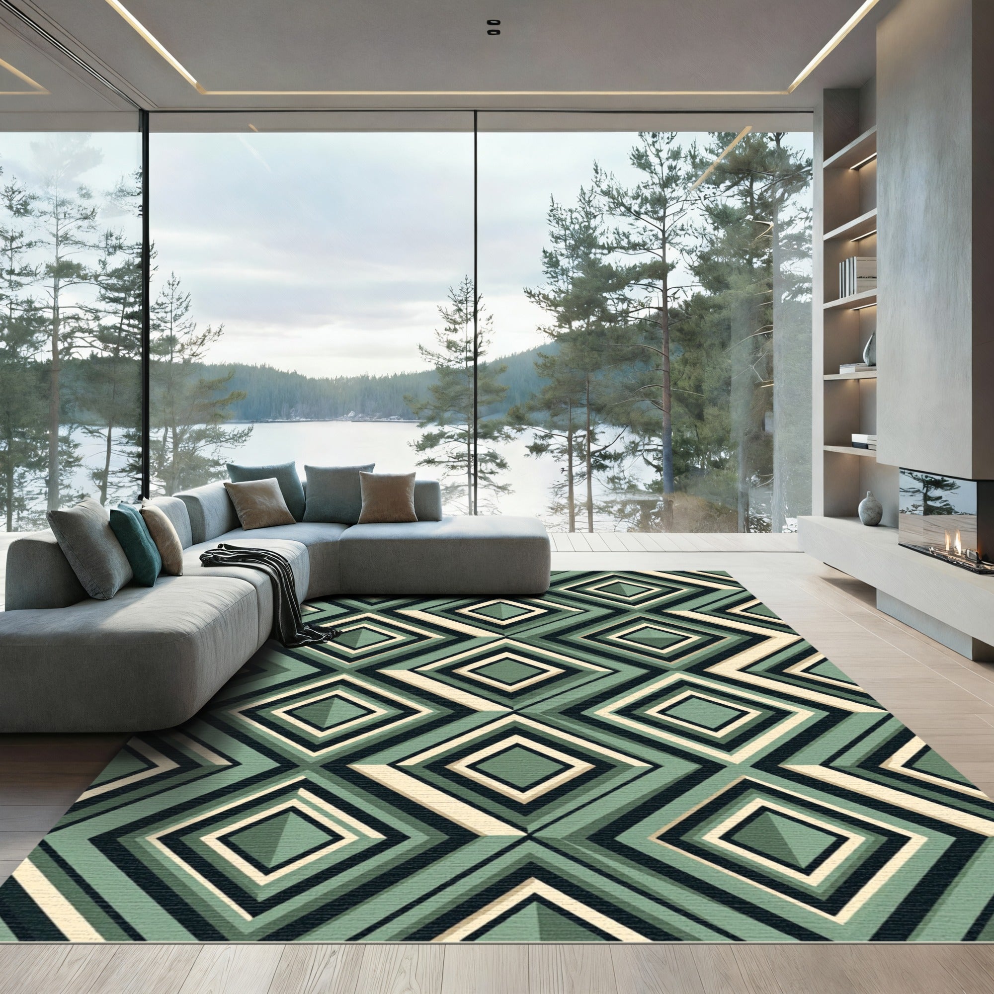 Sage Green Geometric Layered Diamond Rug