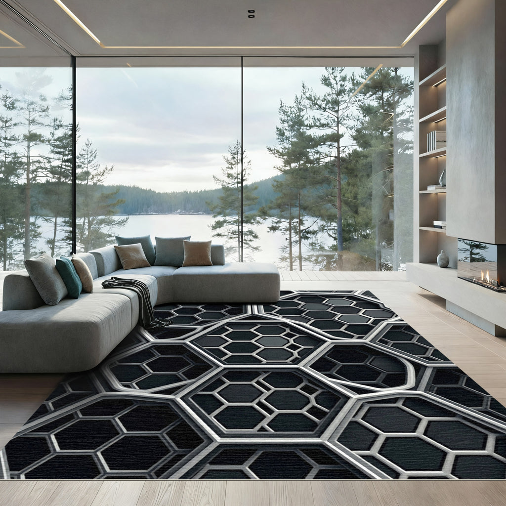 Modern Monochrome Geometric Hexagon Grid Rug