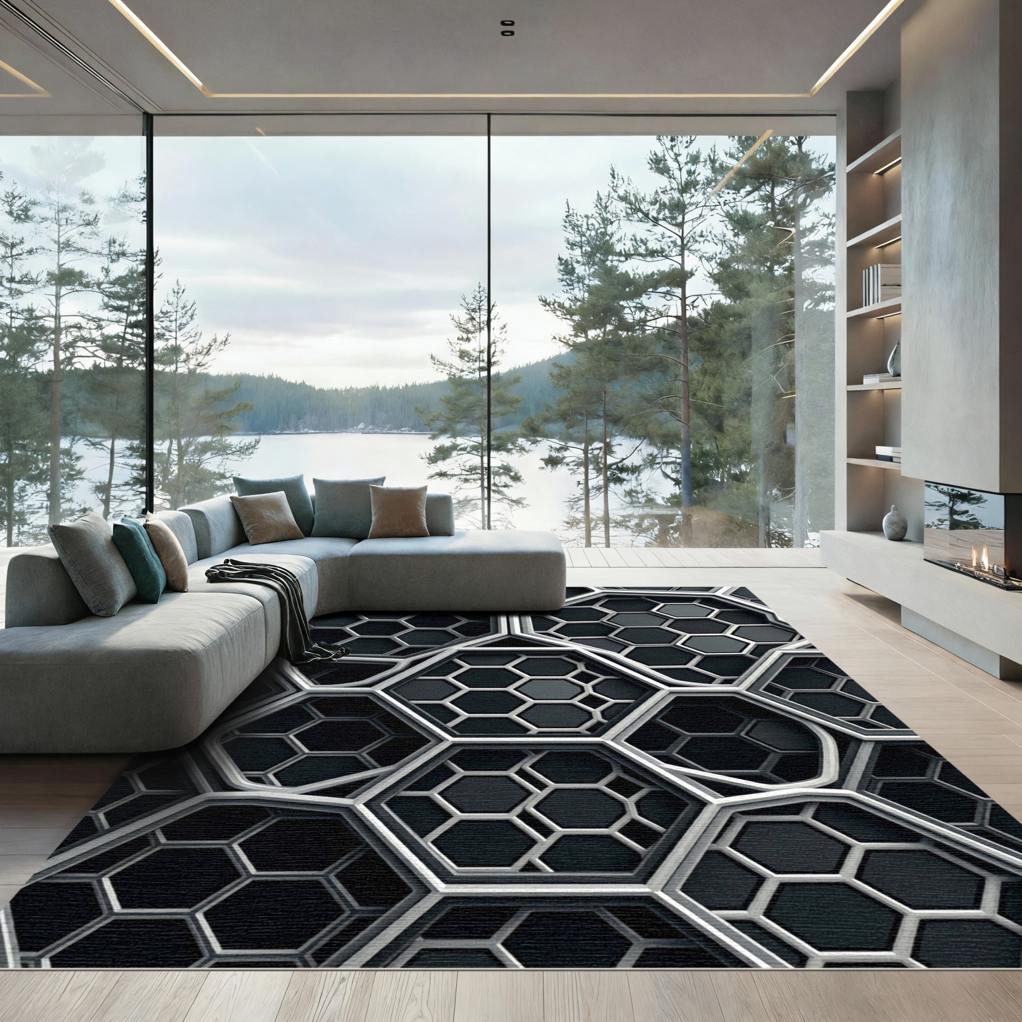 Modern Monochrome Geometric Hexagon Grid Rug