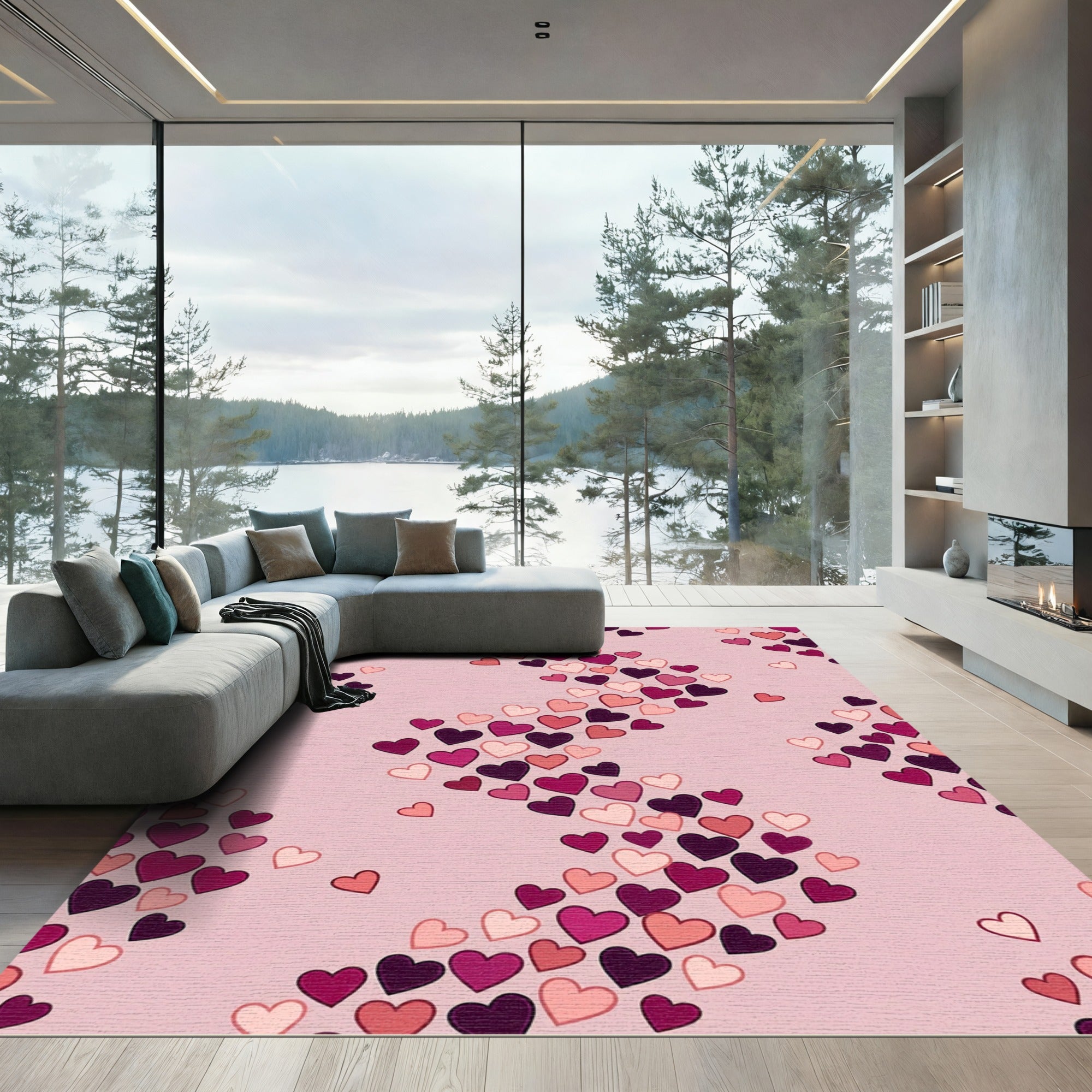 Pink Hearts Scattered Gradient Rug