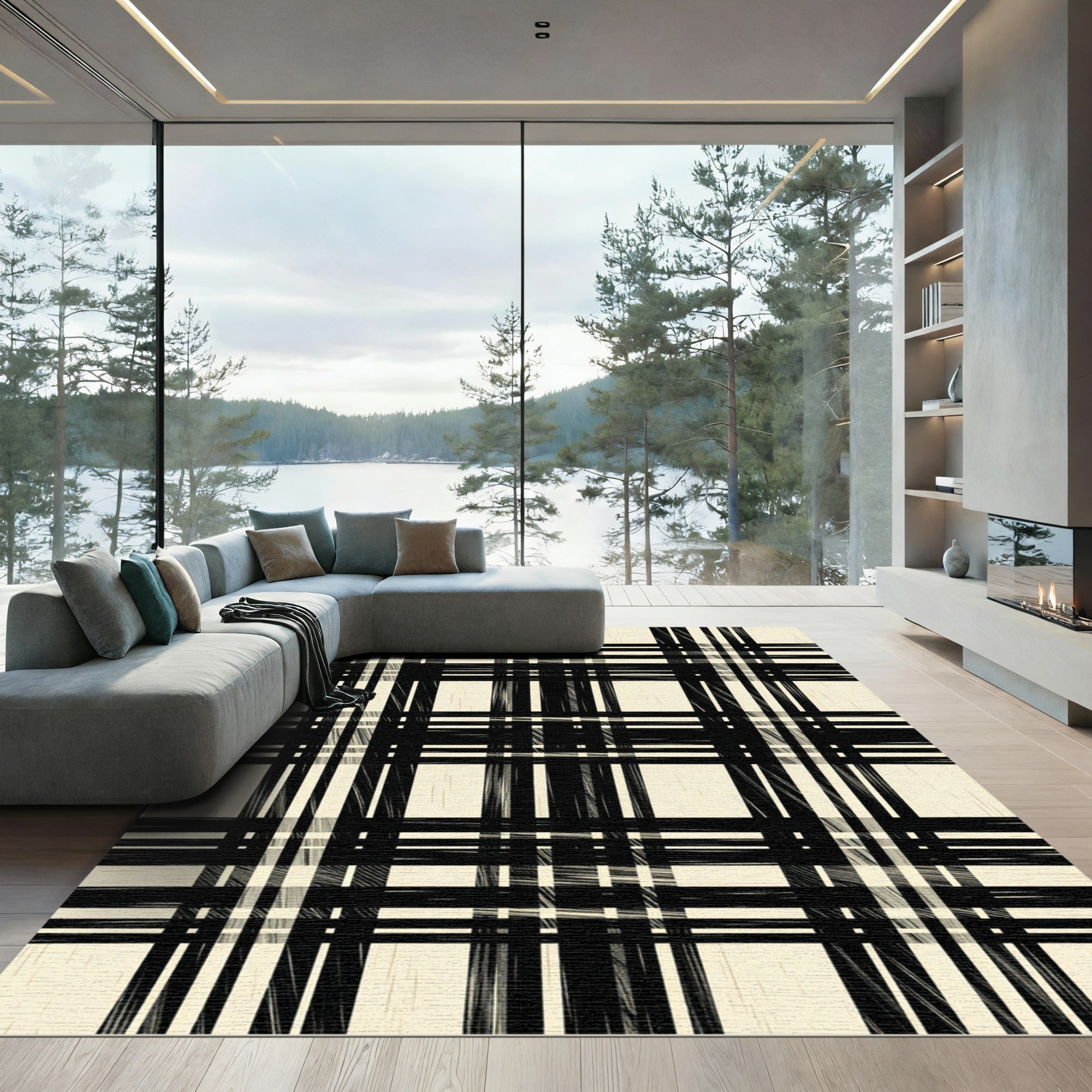 Modern Black and Beige Plaid Rug