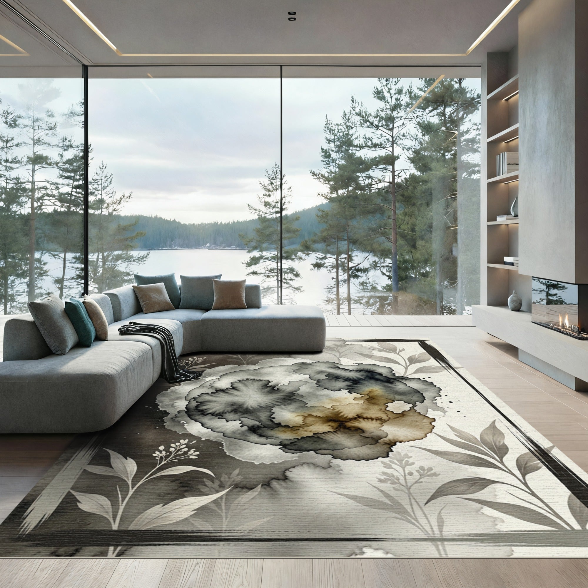 Monochrome Floral Ink Wash Art Rug
