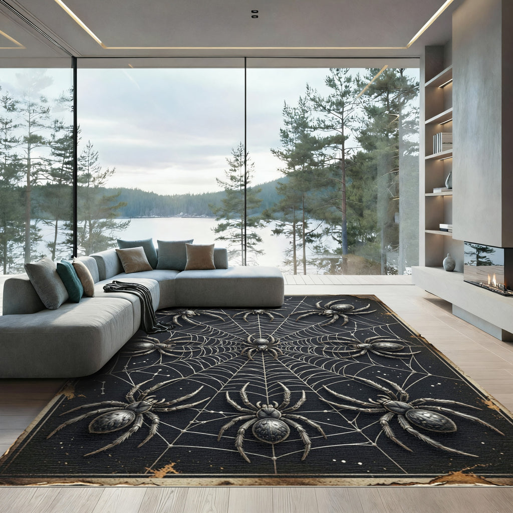 Gothic Spider Web Monochromatic Silver Art Rug