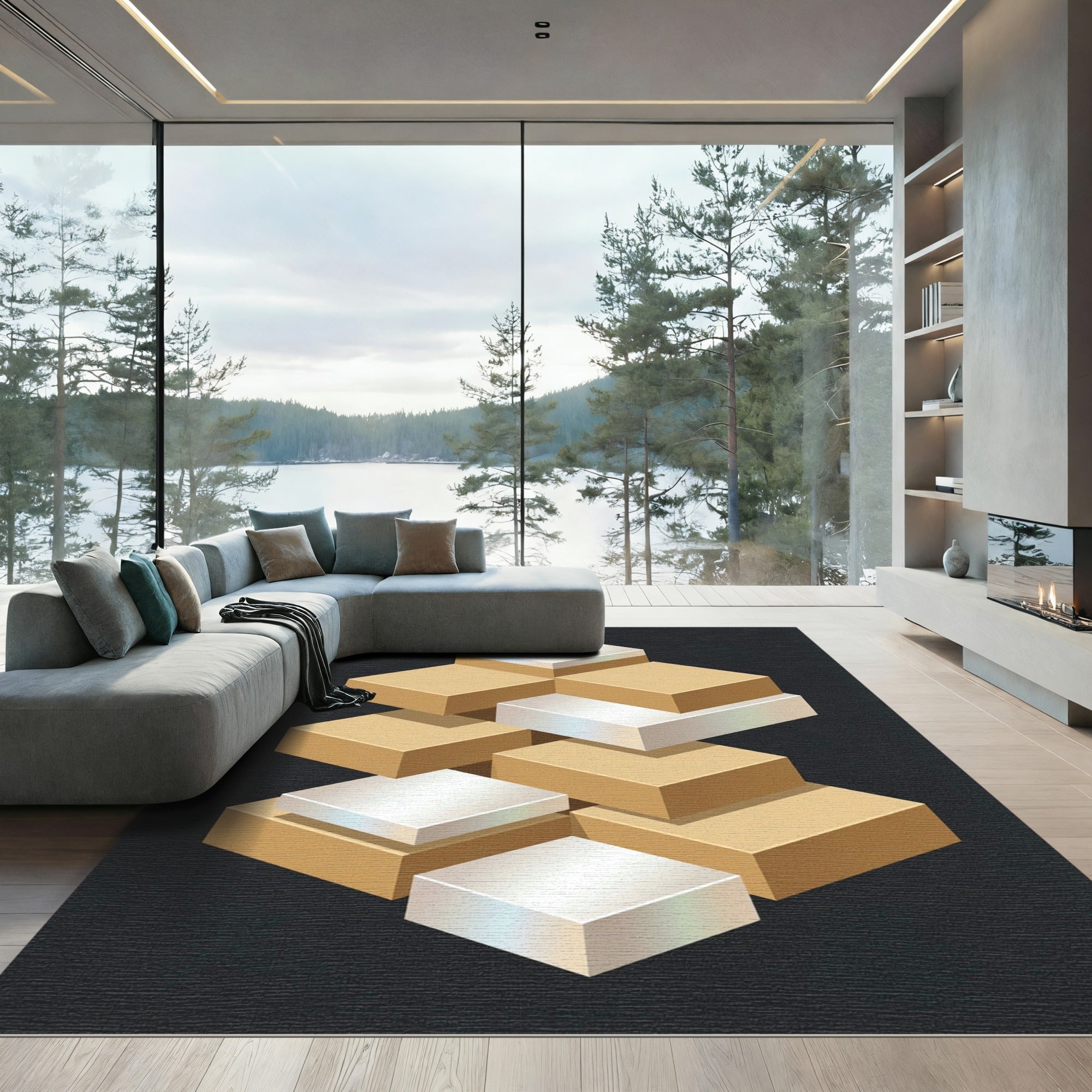 Gold Silver Stacking Blocks Isometric Rug