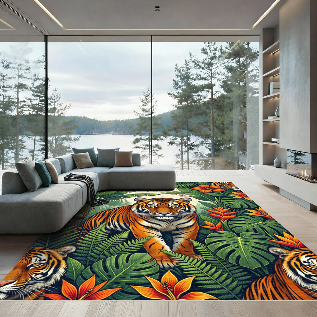 Vibrant Tropical Tiger Jungle Foliage Rug