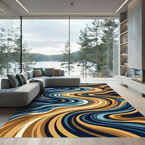 Abstract Blue Gold Swirl Flow Rug