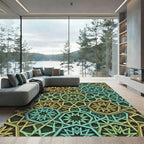 Teal Gold Star Geometric Overlay Rug