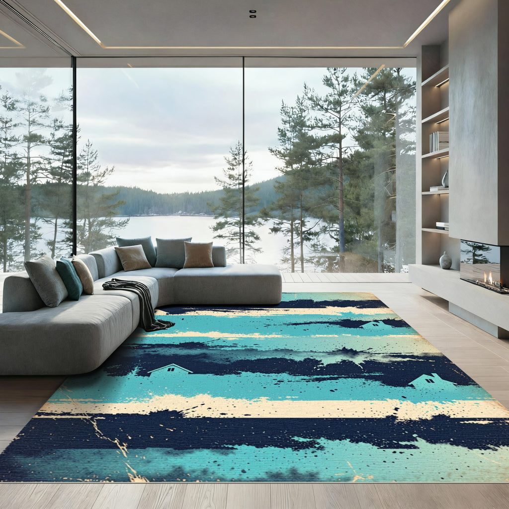 Abstract Blue Distressed House Horizon Texture Rug