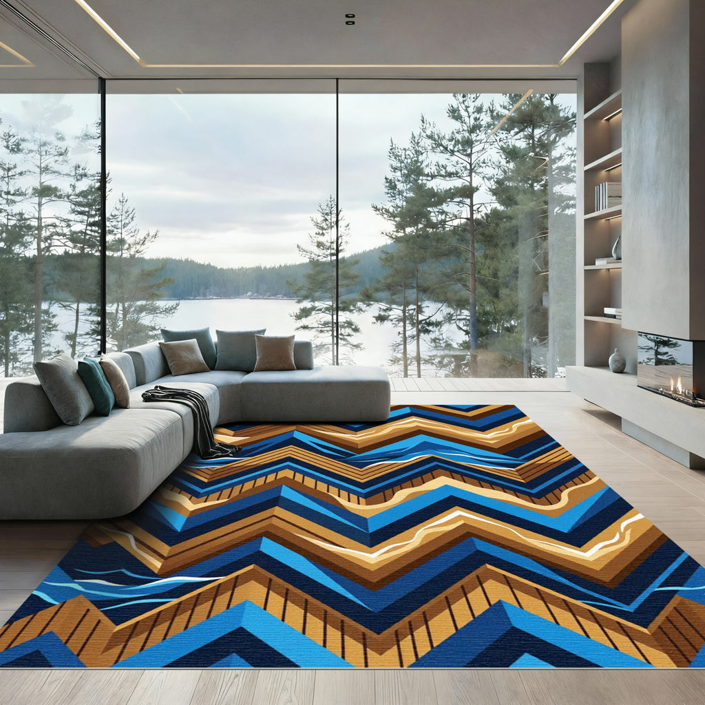 Geometric Blue and Gold Chevron Wave Rug