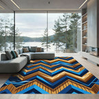 Geometric Blue and Gold Chevron Wave Rug