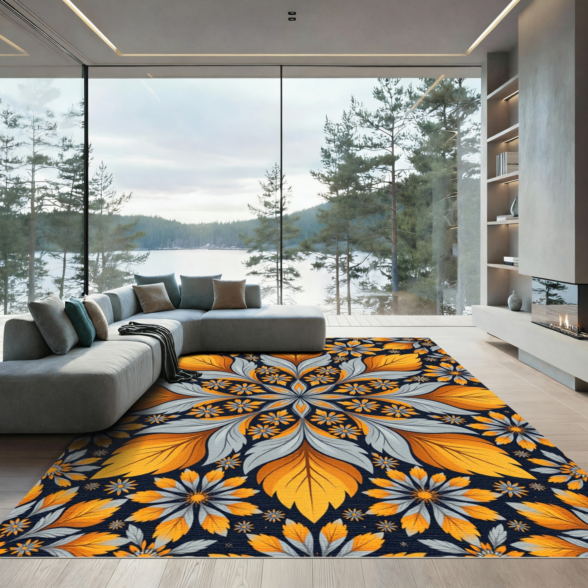Golden Sunflower Gray Leaf Medallion Rug