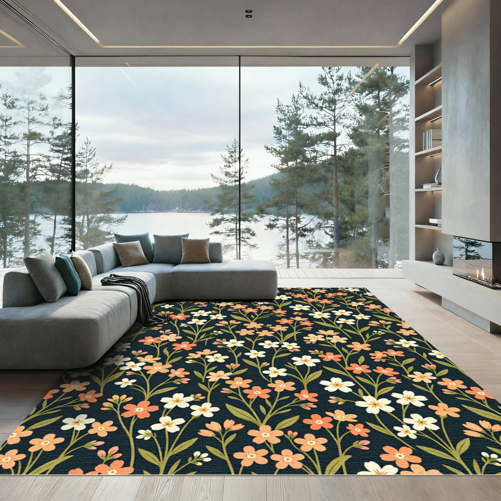 Coral White Floral Vine Garden Rug