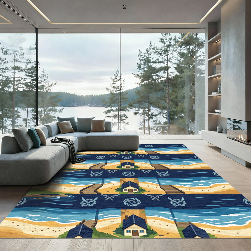 Nautical Coastal Cottage Navy Wave Rug