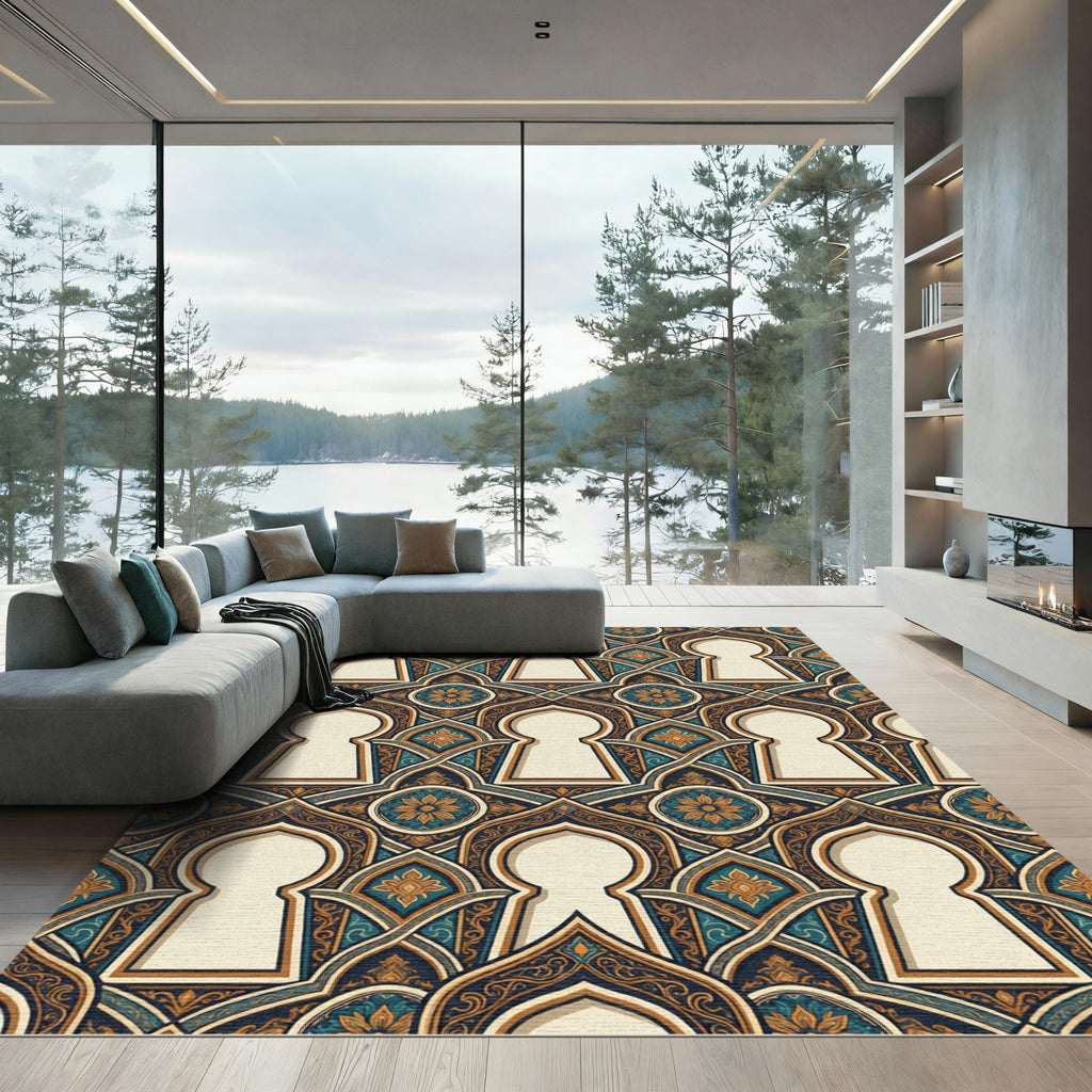 Golden Arch Medallion Teal Ornate Tile Rug
