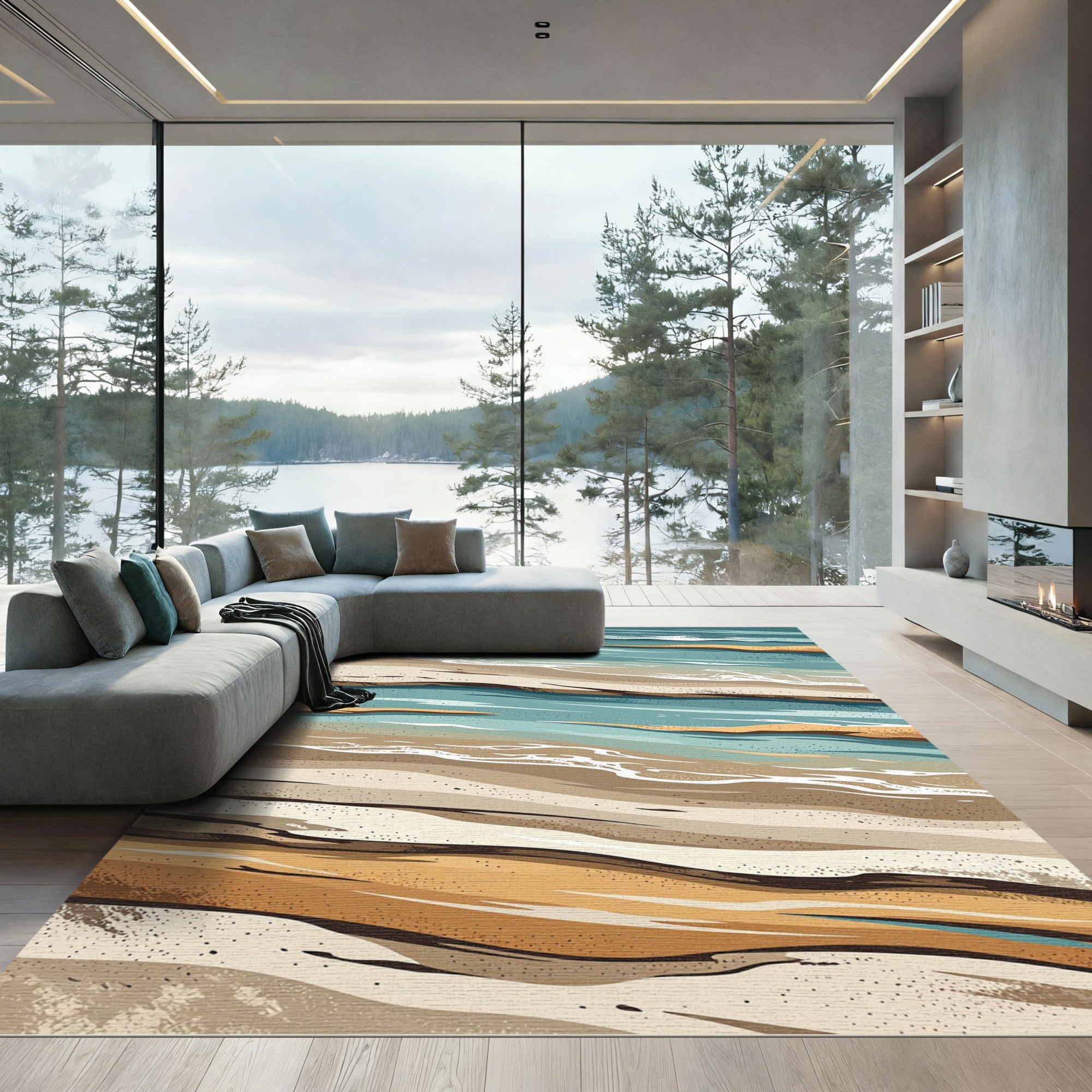 Coastal Abstract Teal Sand Waves Rug