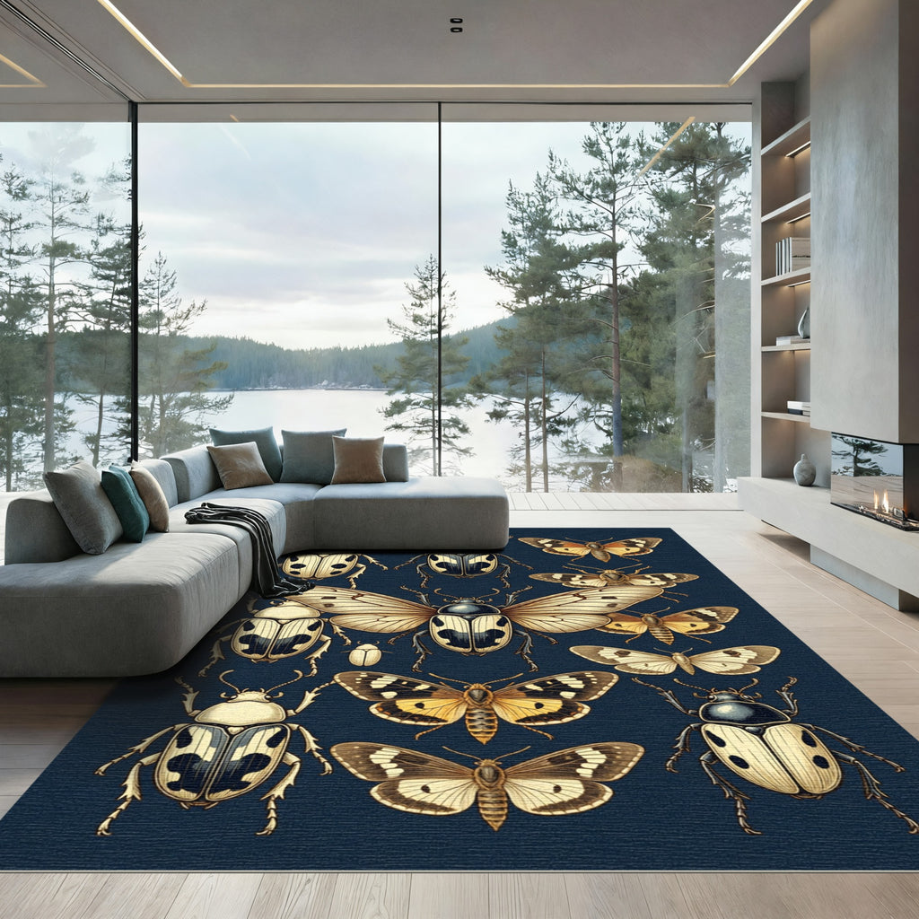 Dark Navy Vintage Entomology Insect Collection Rug