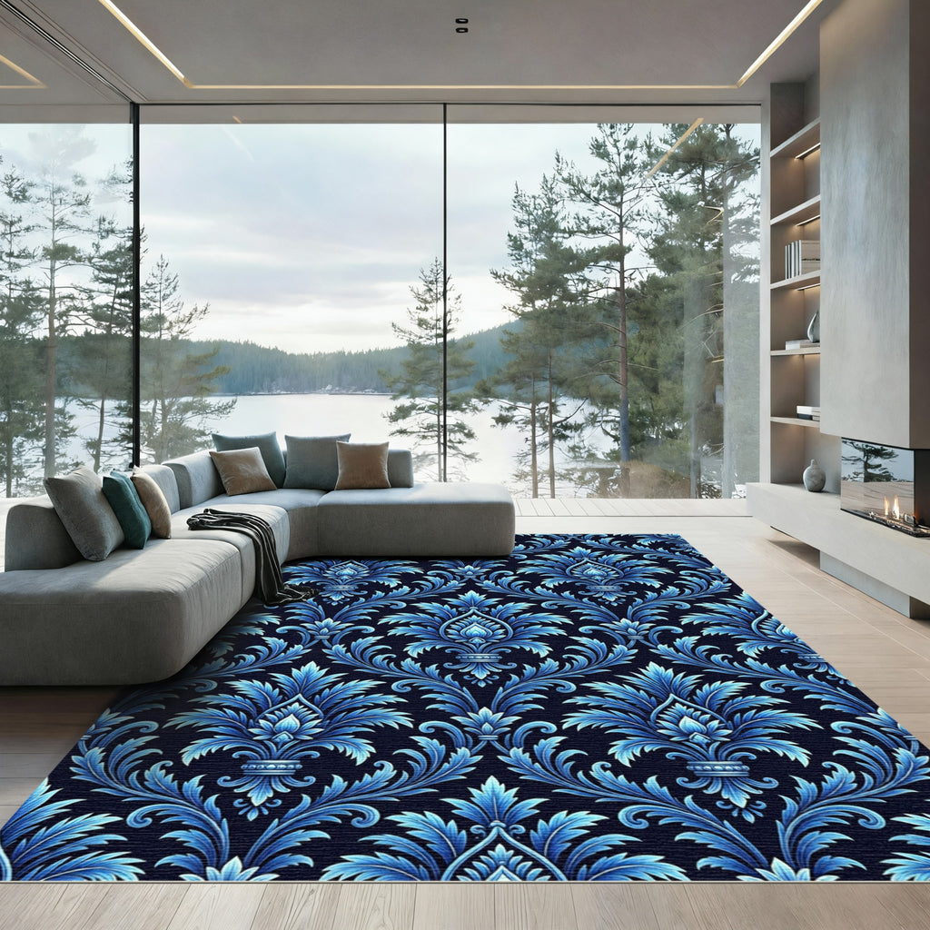 Deep Blue Floral Damask Rich Rug
