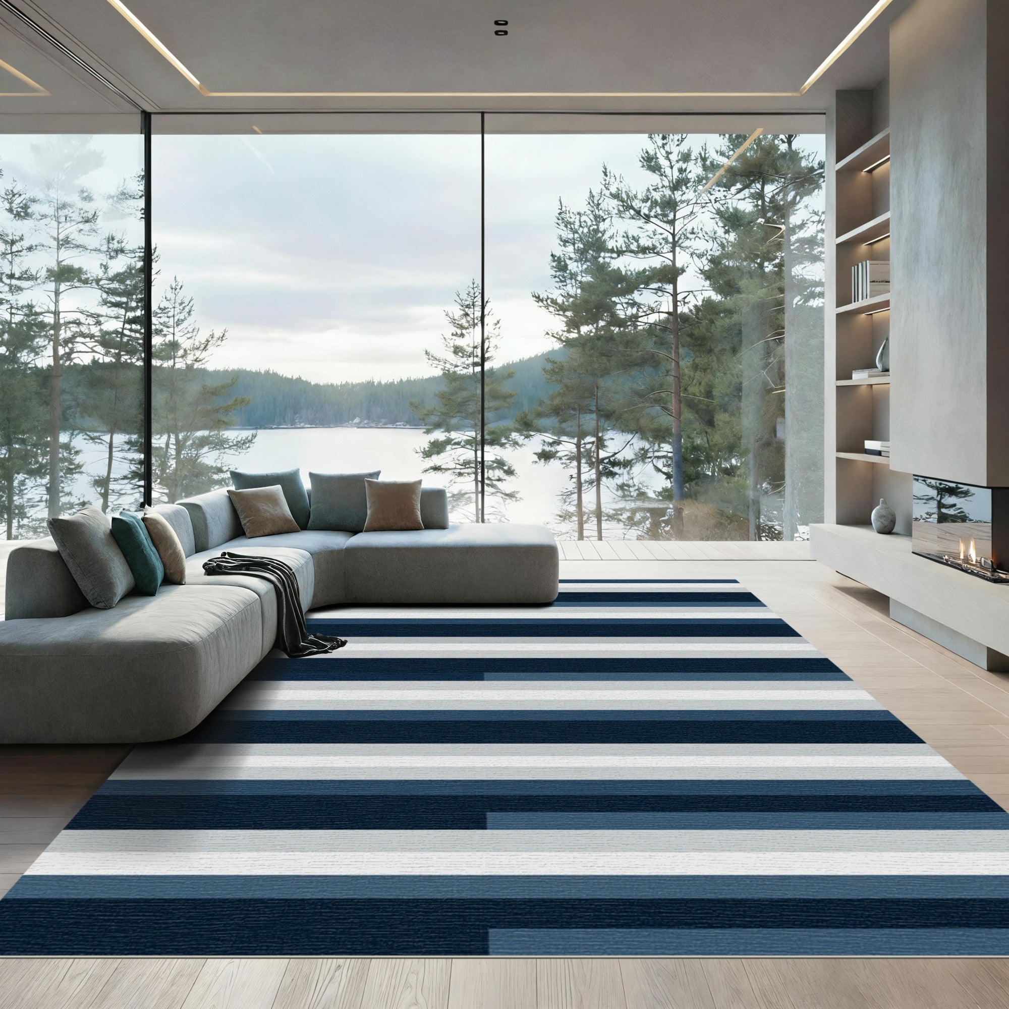 Modern Linear Navy and Light Blue Striped Rug