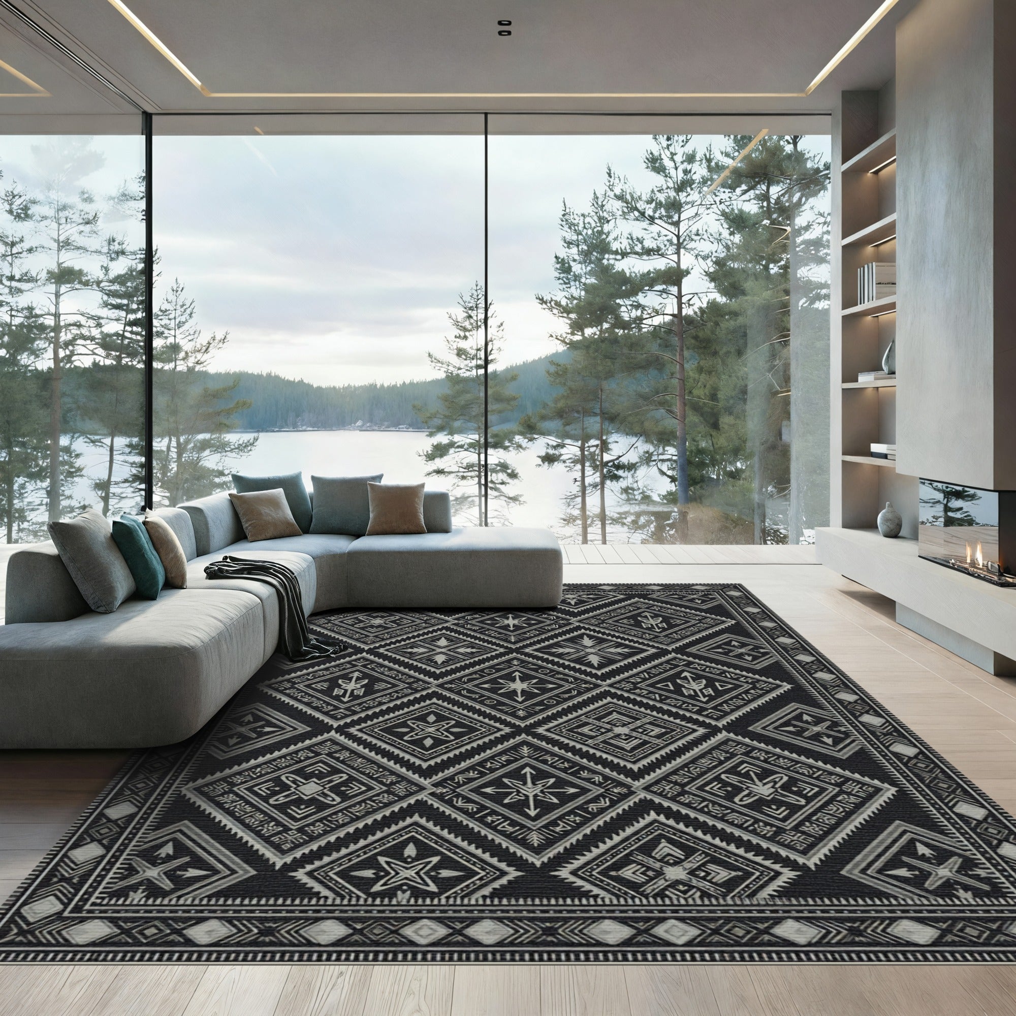 Monochrome Geometric Tribal Diamond Charcoal Rug