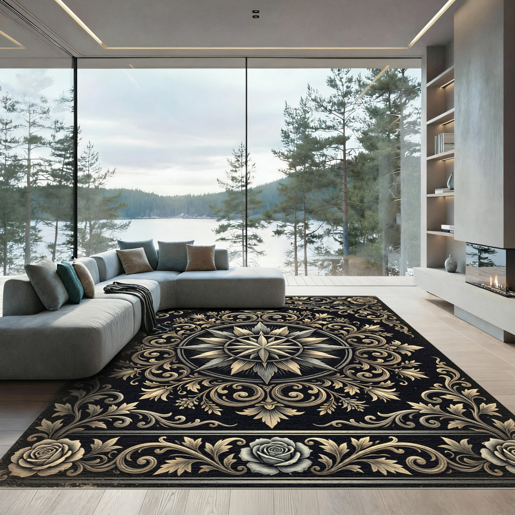 Elegant Gold Floral Compass Medallion Rug
