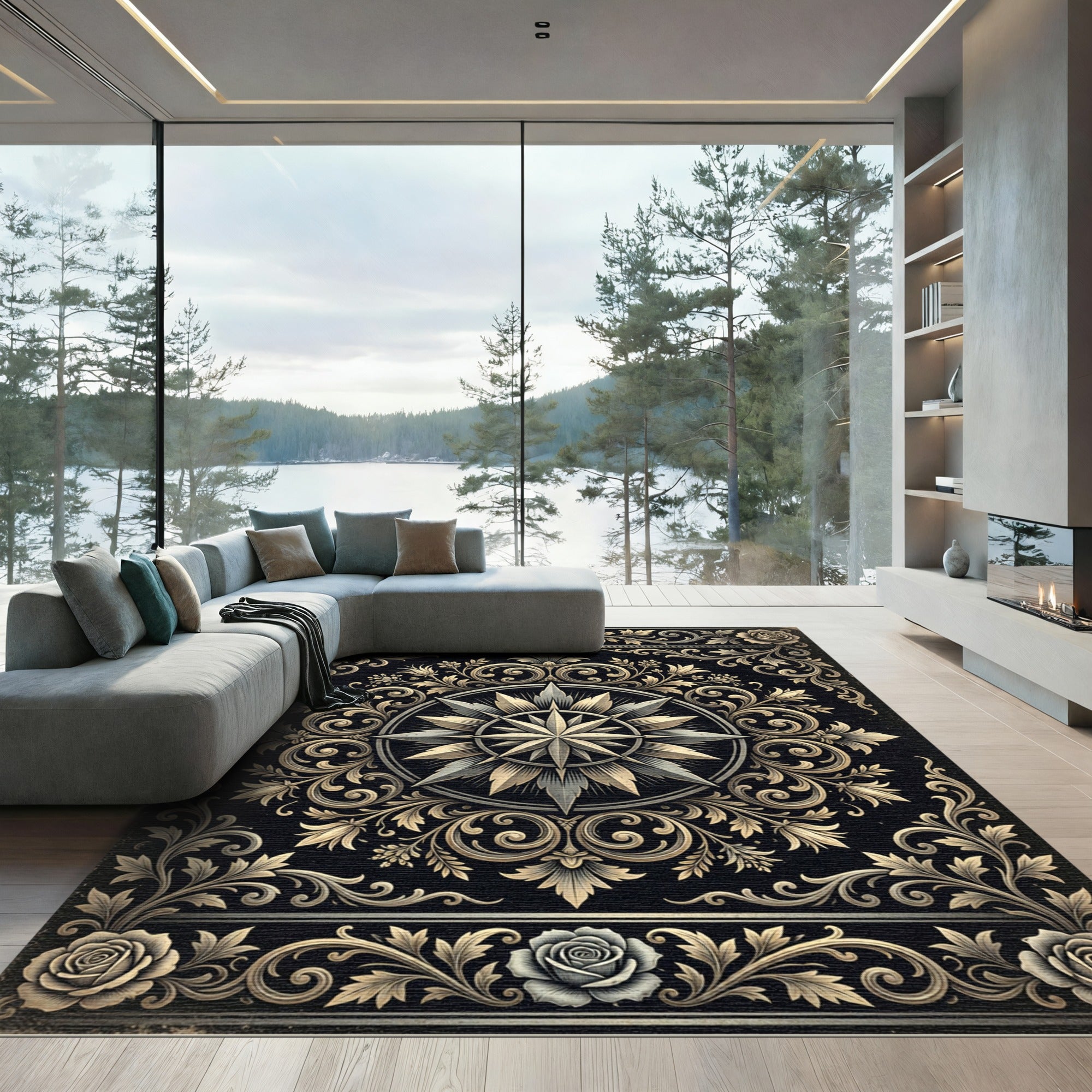 Elegant Gold Floral Compass Medallion Rug