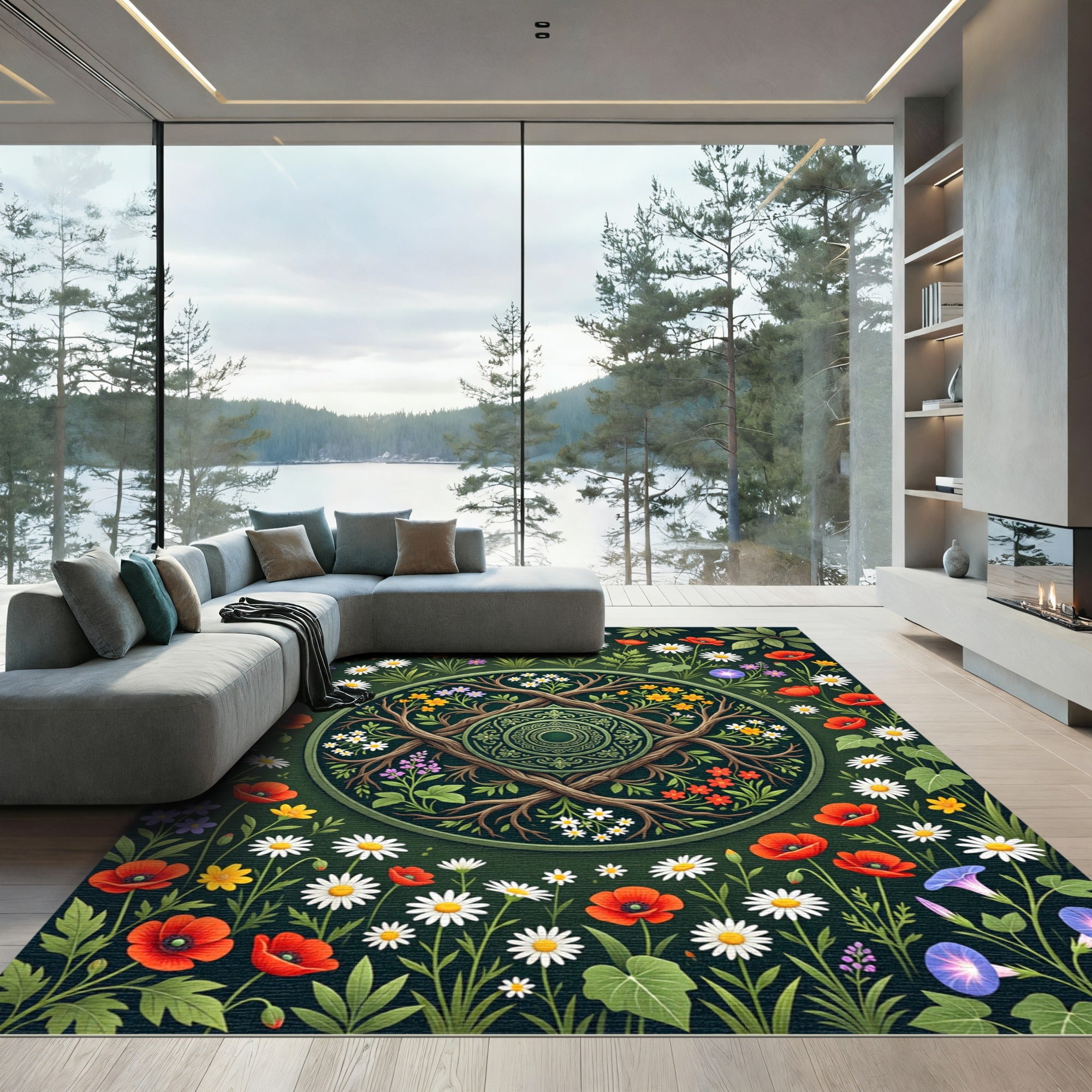 Enchanted Forest Meadow Floral Mandala Rug