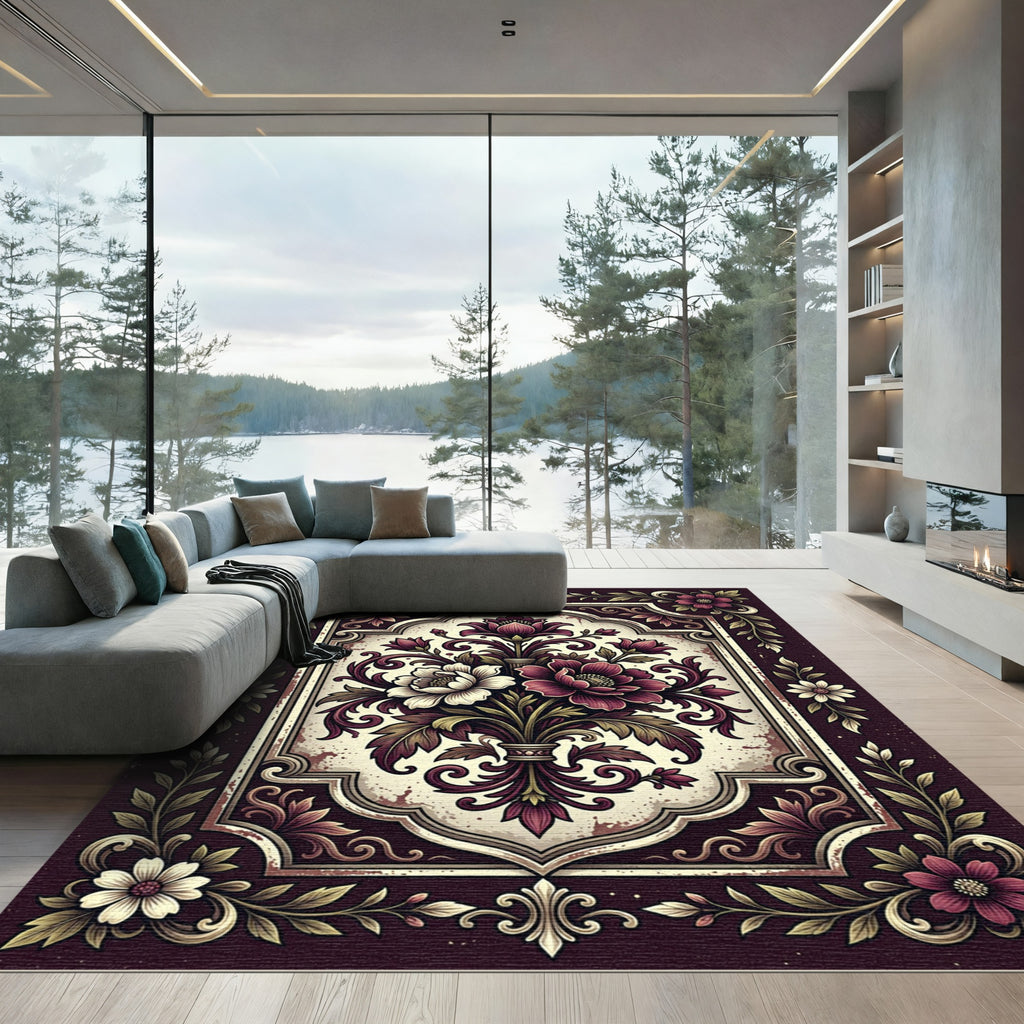 Rich Plum Victorian Floral Garland Rug