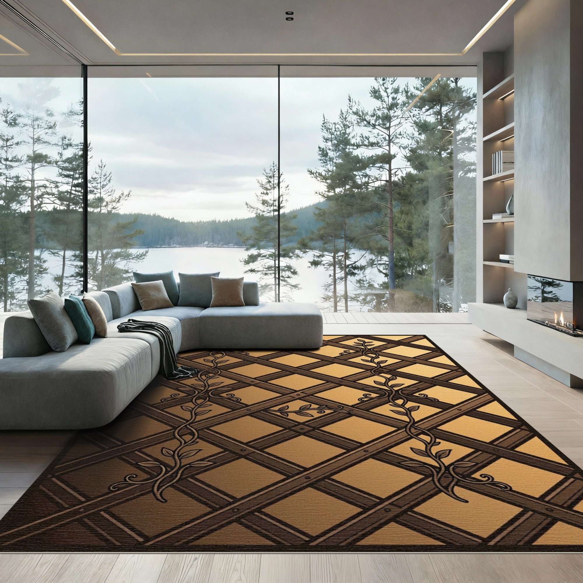 Brown Lattice Vine Medallion Rug