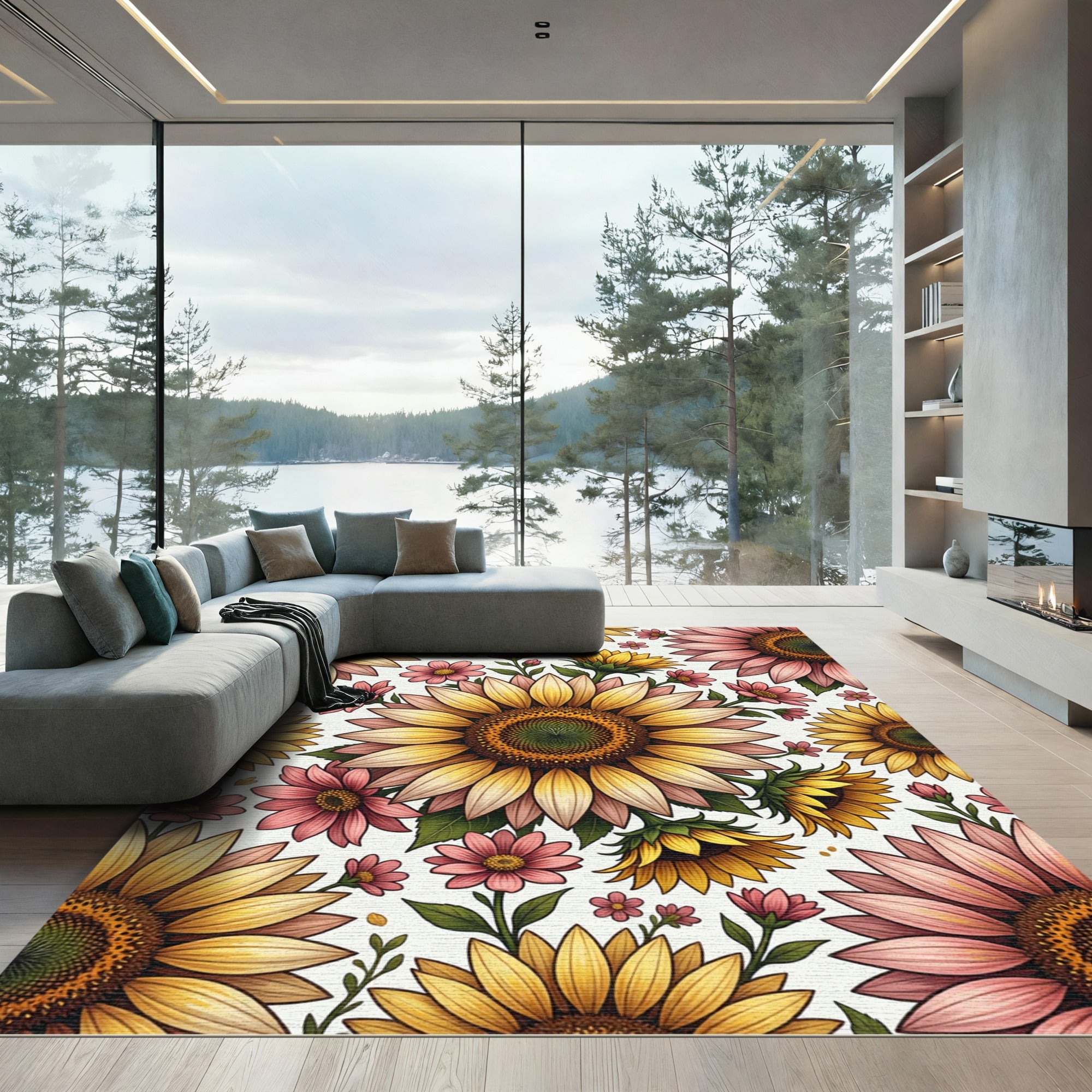 Whimsical Sunflower and Pink Floral Bouquet Rug