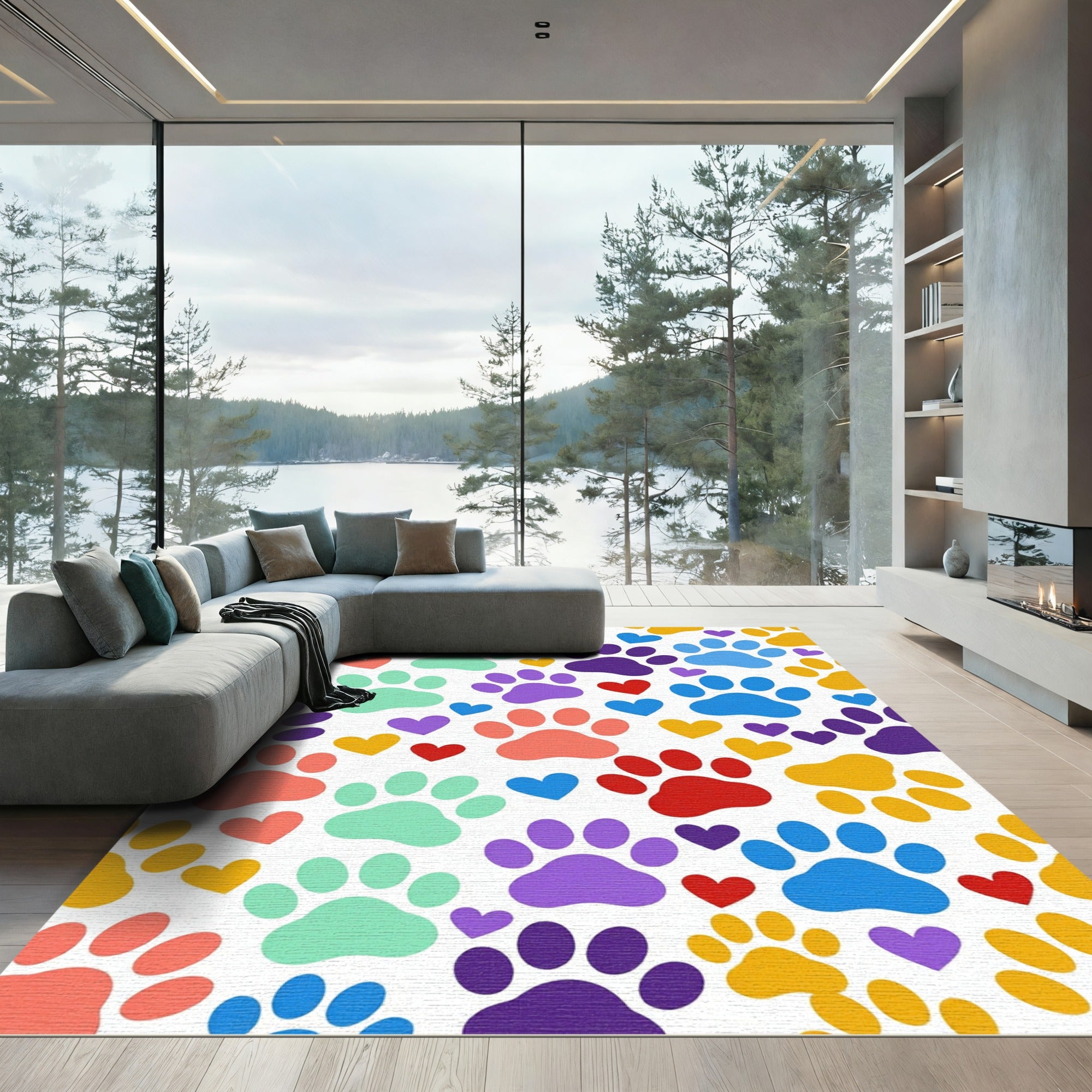 Colorful Whimsical Paw and Heart Illustration Rug