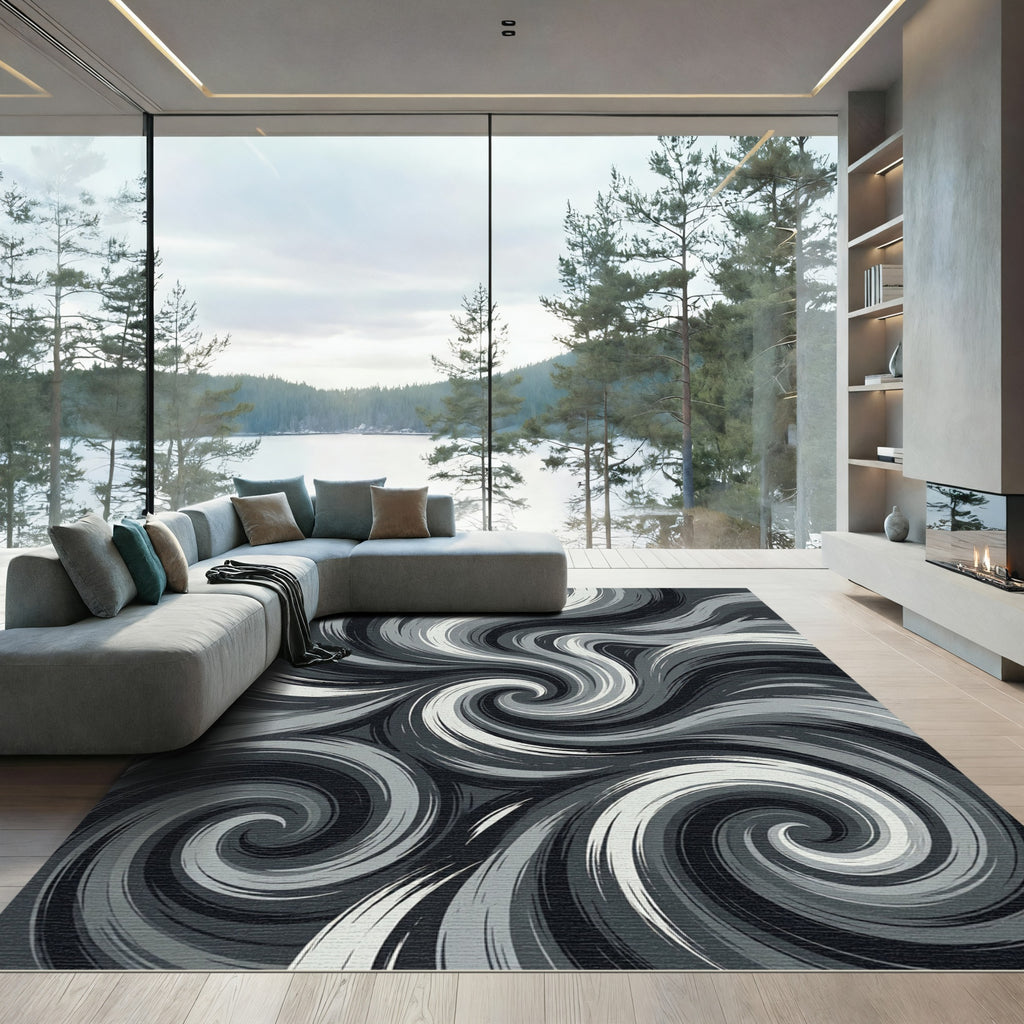 Monochrome Abstract Swirling Wave Art Rug