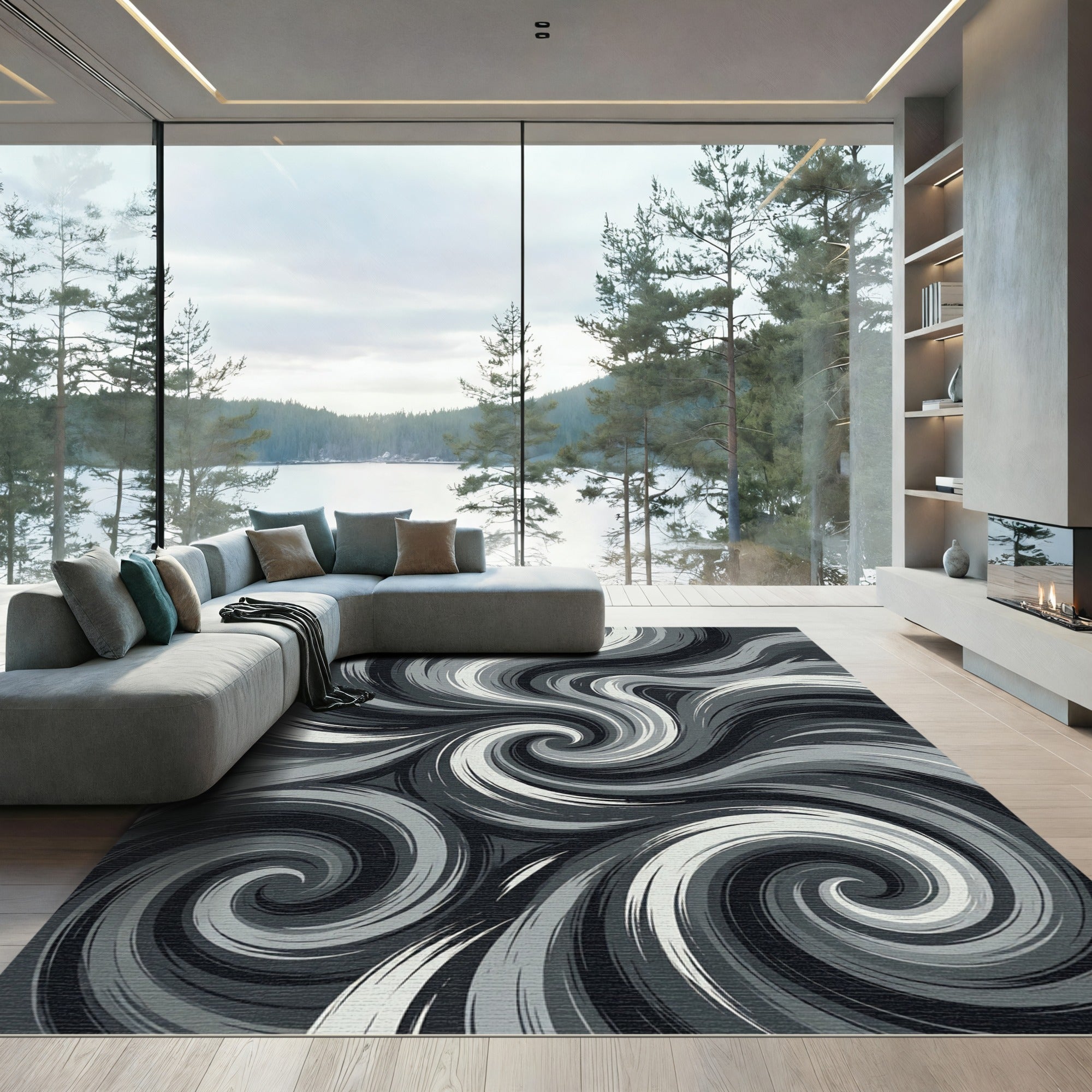 Monochrome Abstract Swirling Wave Art Rug