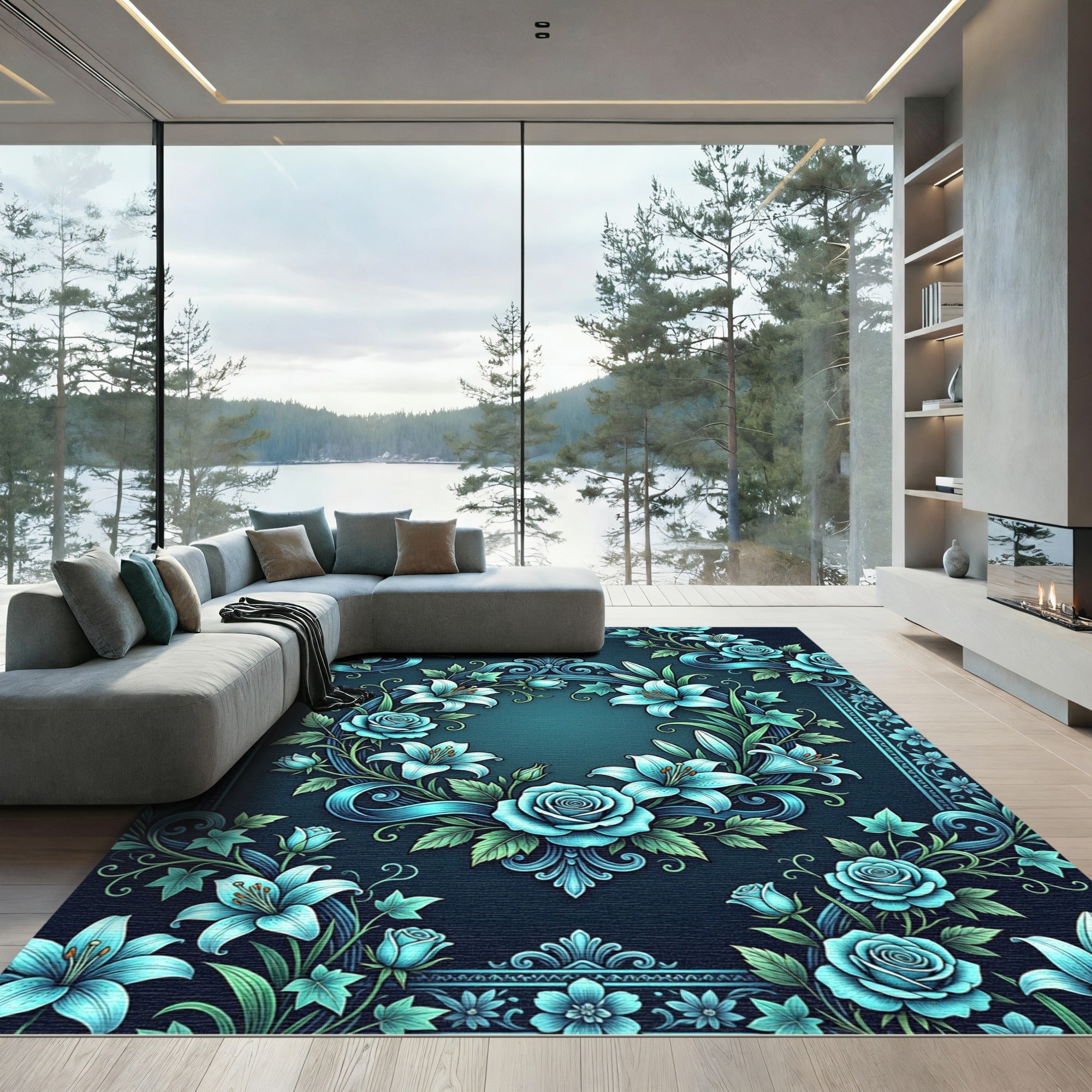 Elegant Teal Floral Frame Garden Rug