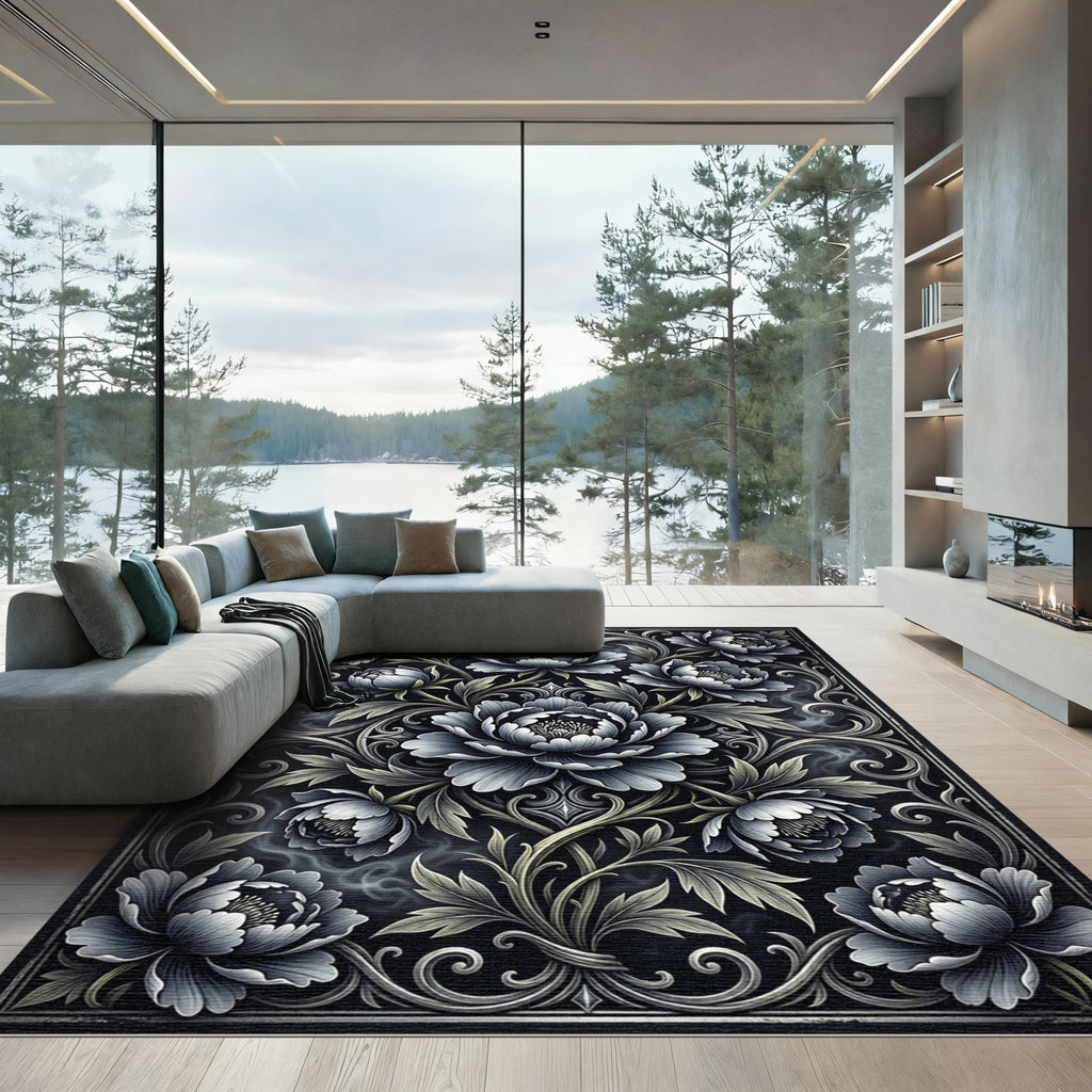 Elegant Monochrome Floral Peony Arrangement Rug