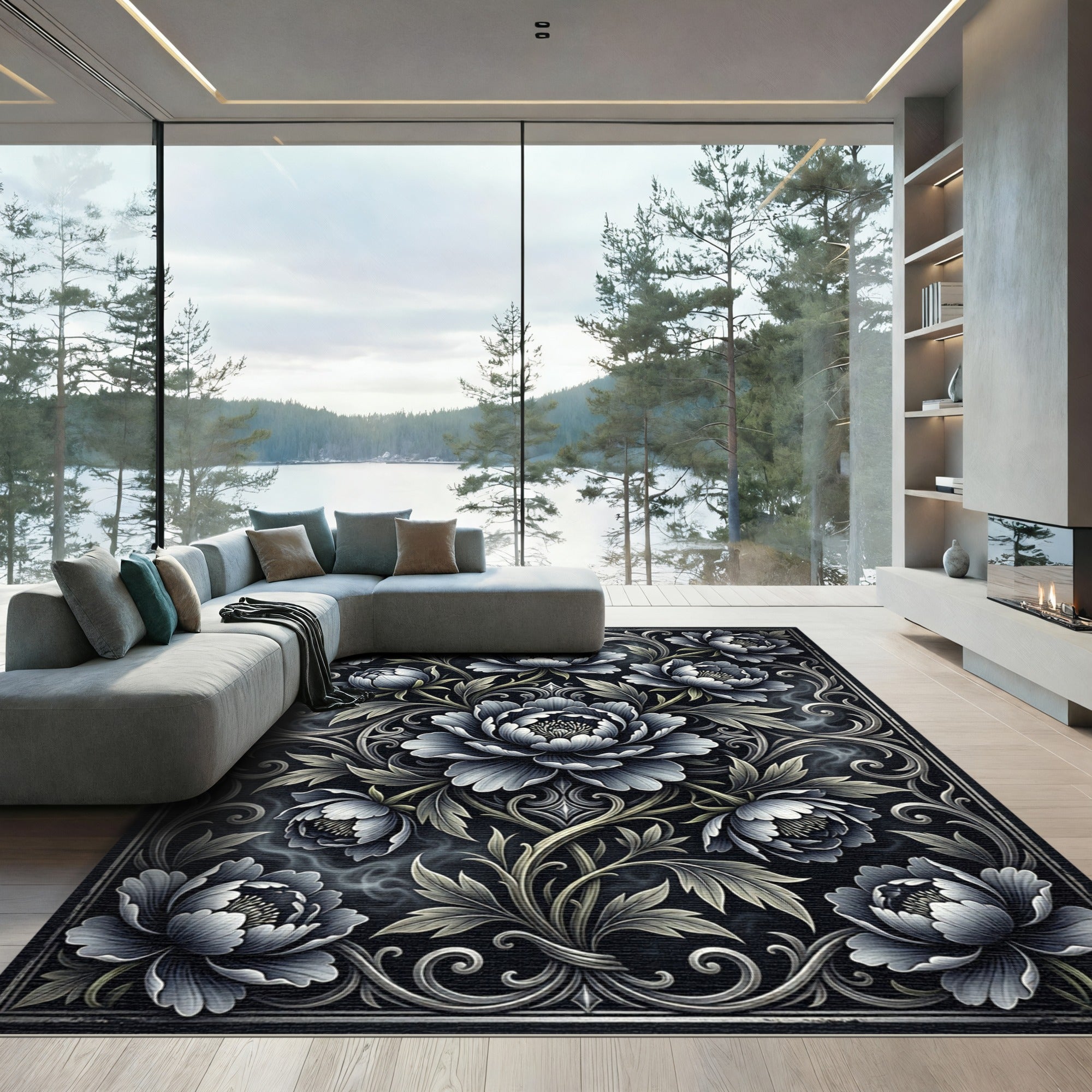 Elegant Monochrome Floral Peony Arrangement Rug