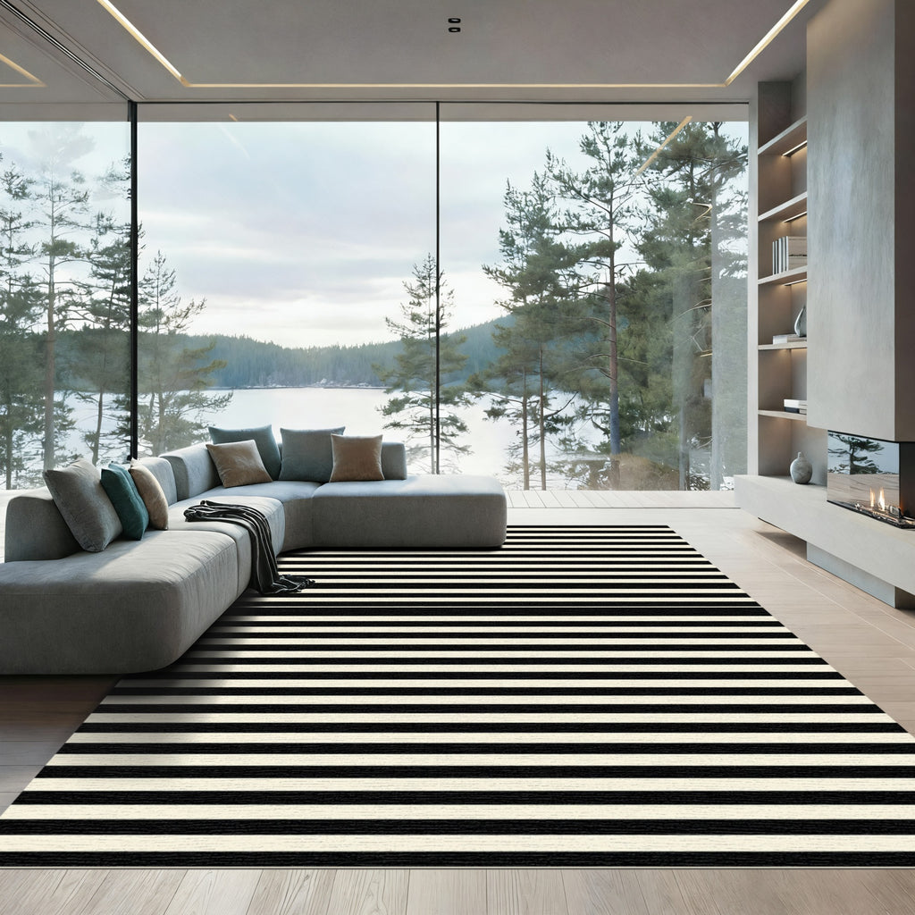 Minimalist Black and Cream Horizontal Striped Rug