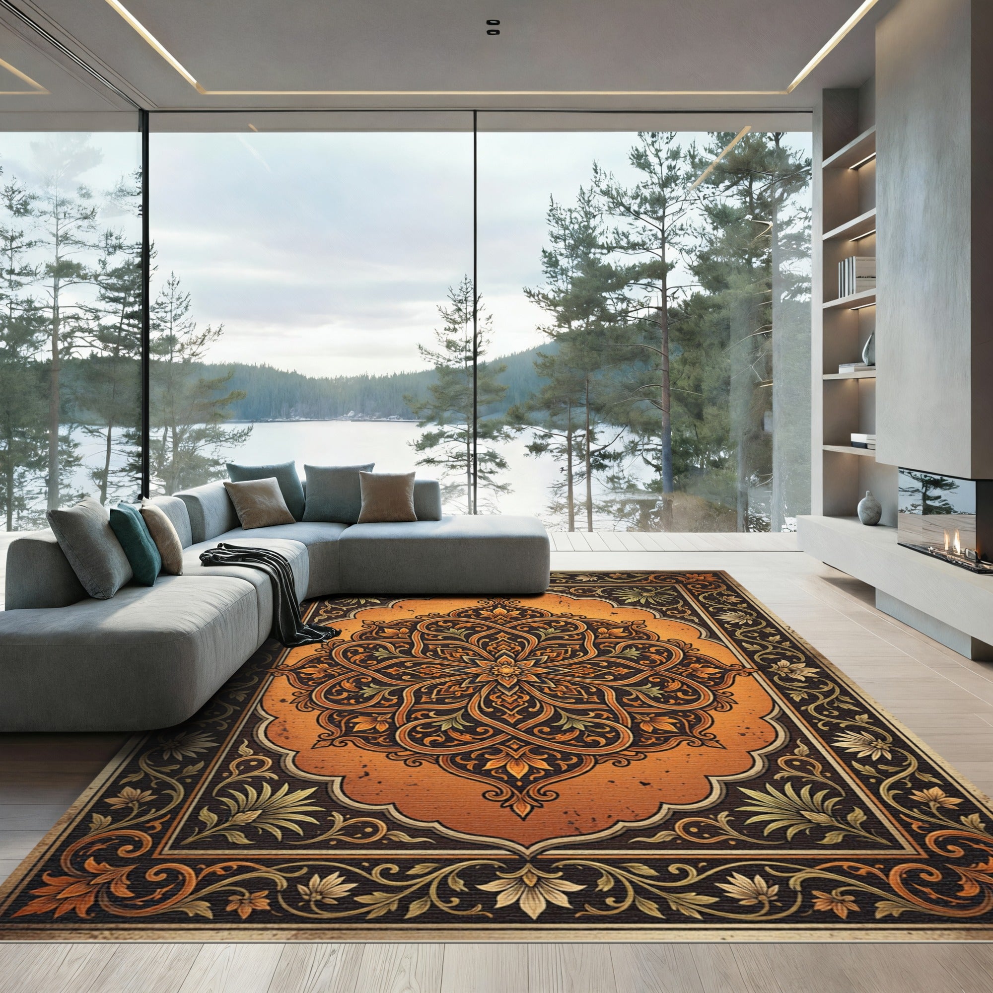 Ornate Amber Floral Medallion Scroll Rug