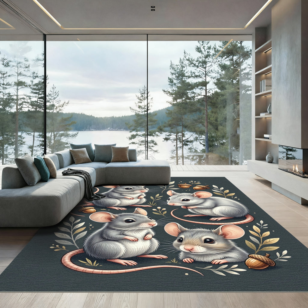 Whimsical Woodland Mice and Acorn Illustration Rug