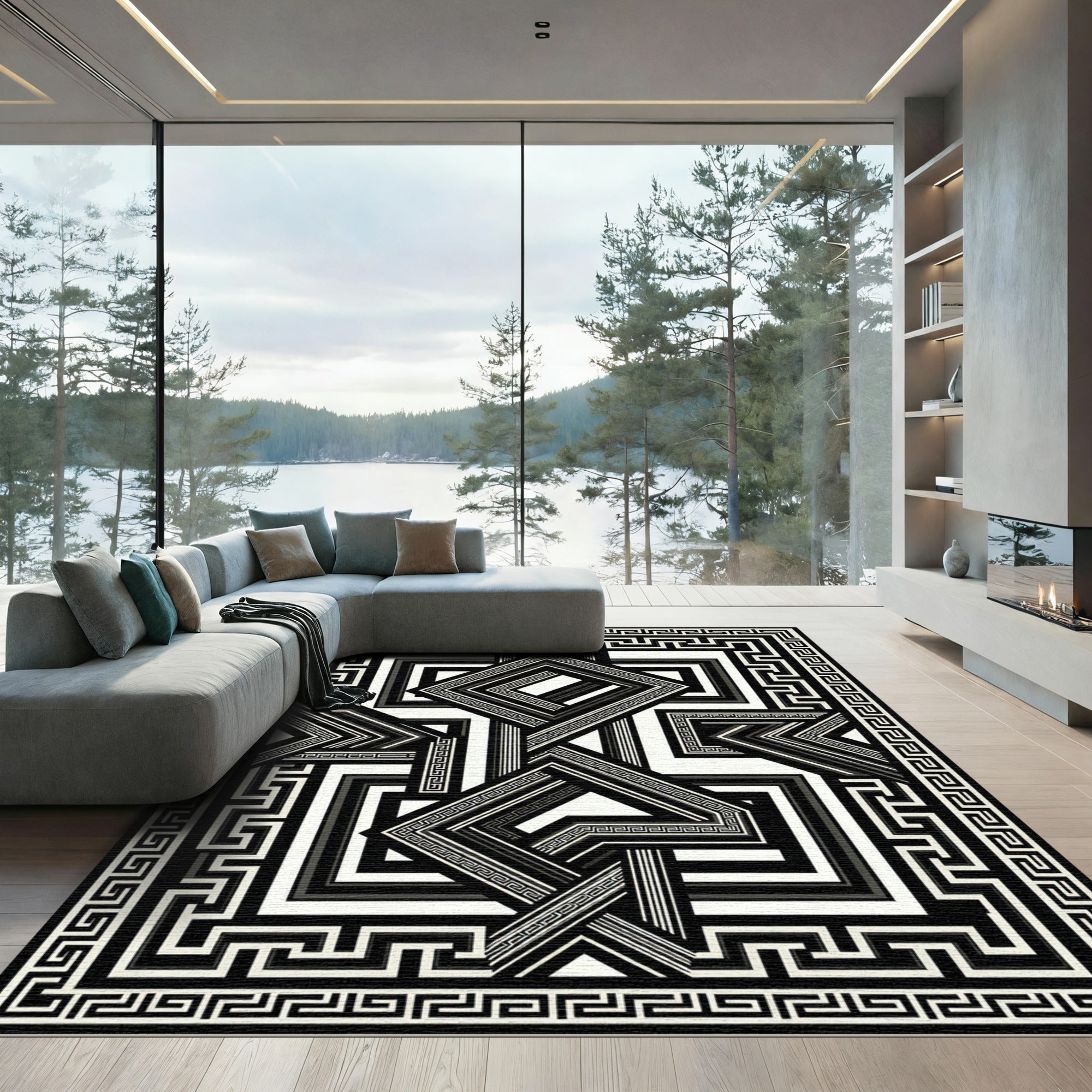 Monochromatic Geometric Greek Key Overlay Rug