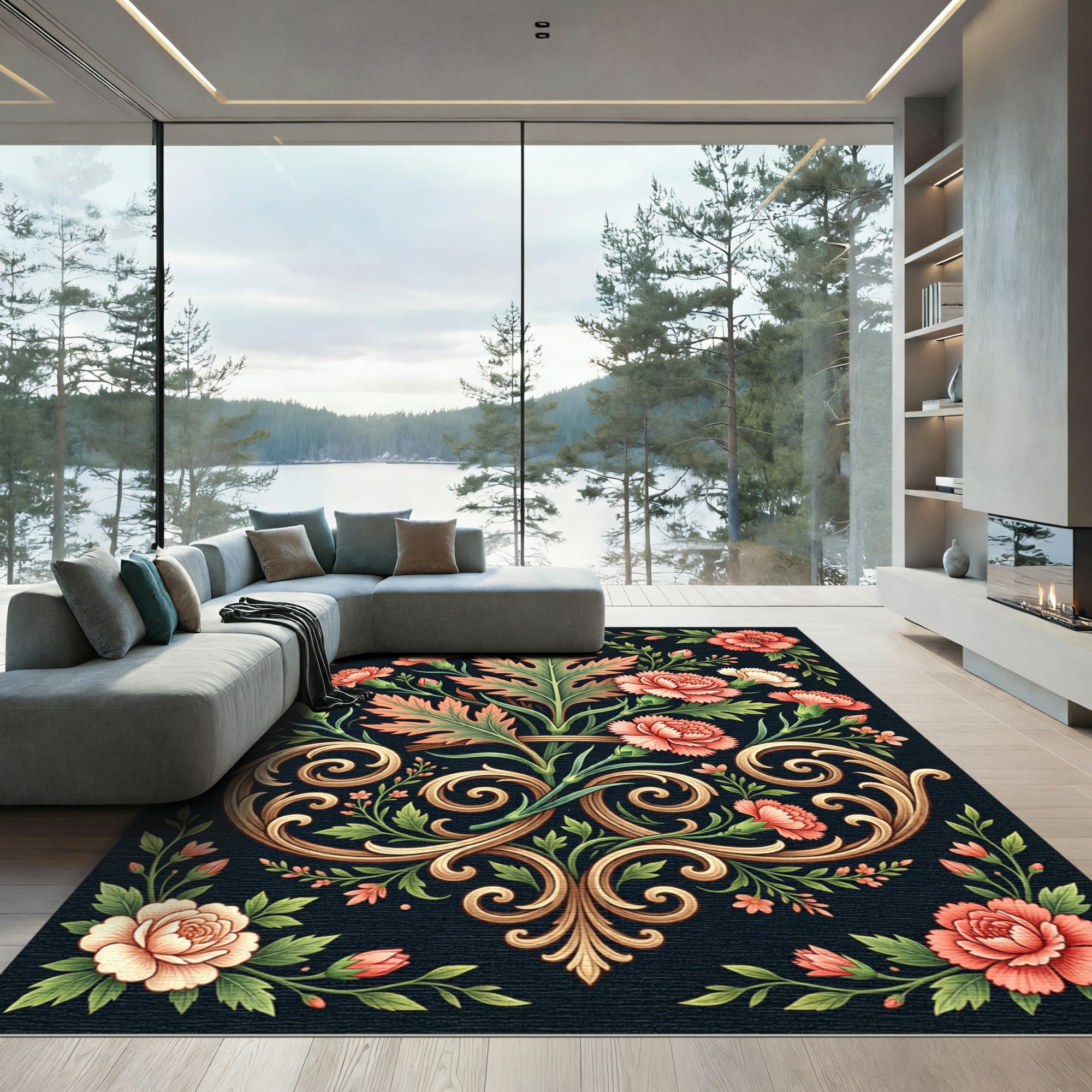 Coral Pink Floral Scrollwork Black Rug
