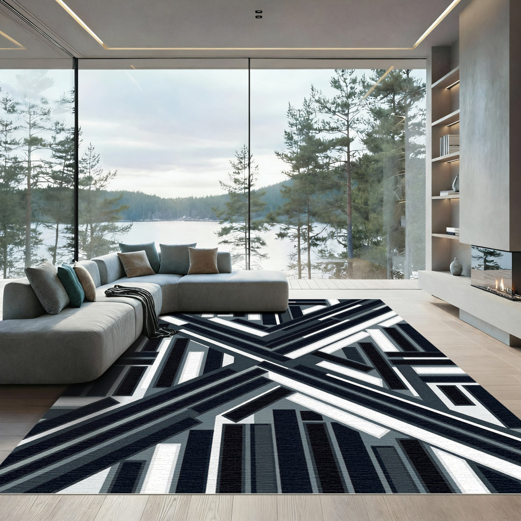 Monochromatic Geometric Overlay Stripes Rug