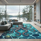 Ornate Silver Octopus Ocean Teal Art Rug