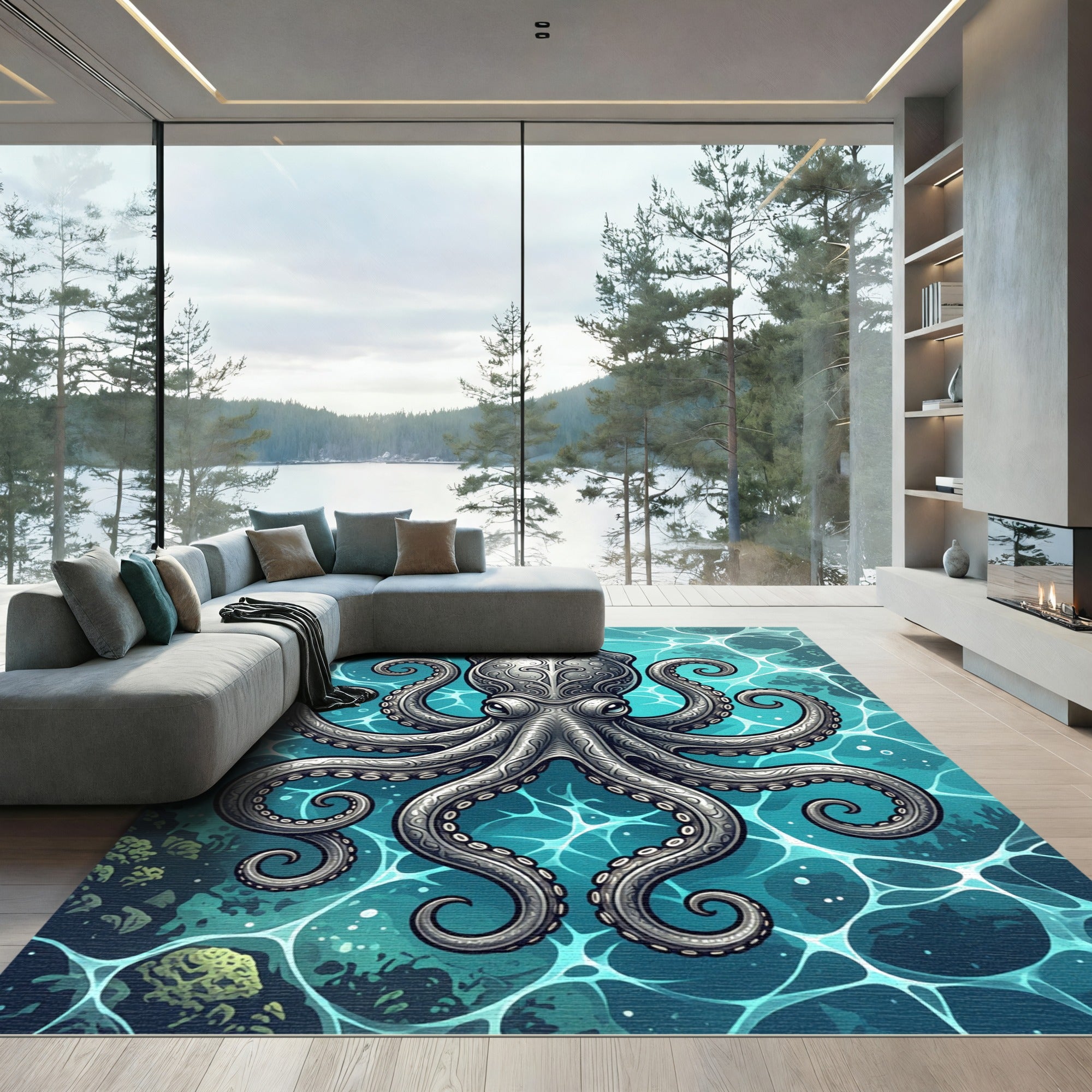 Ornate Silver Octopus Ocean Teal Art Rug
